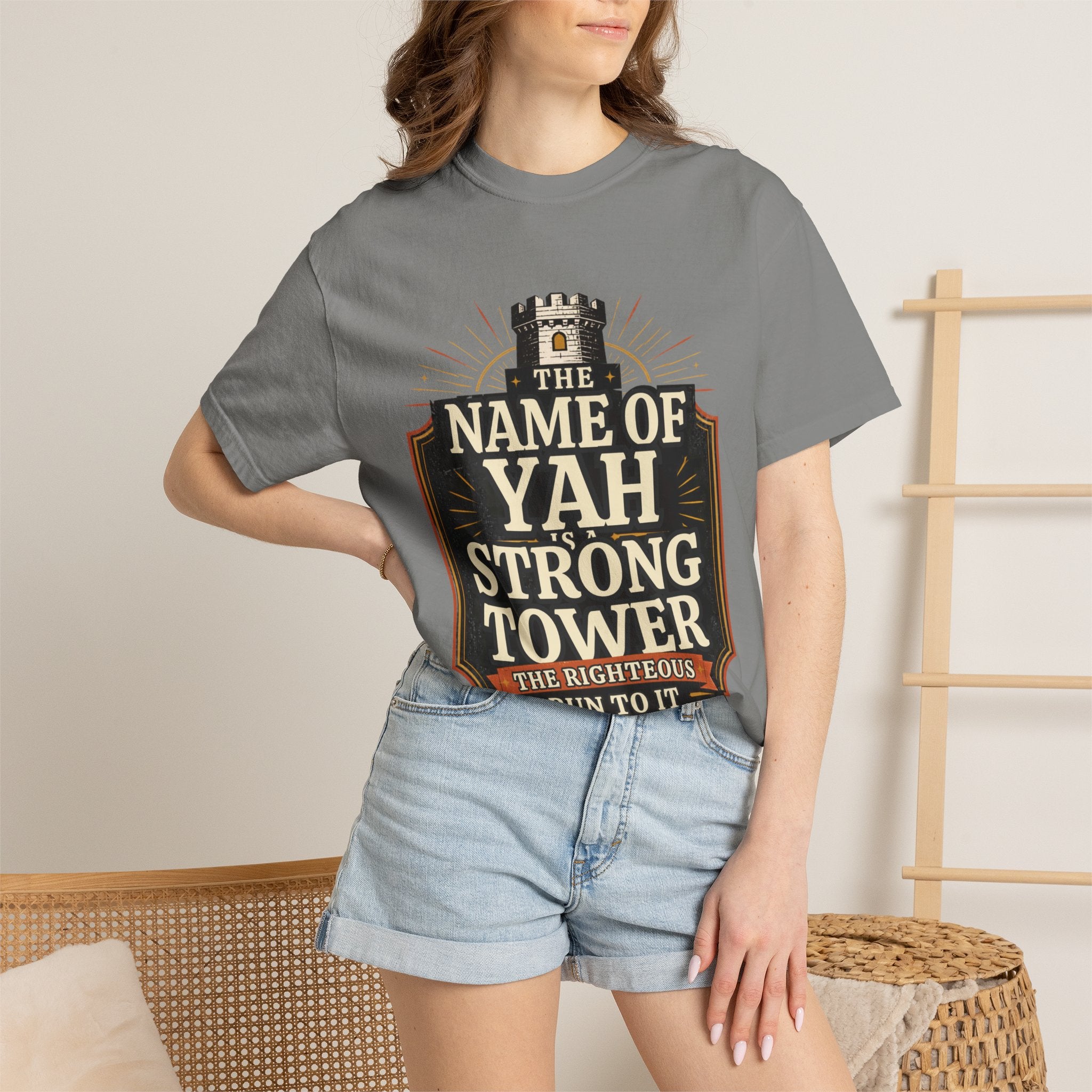 T-Shirt — “The Name of Yah Strong Tower” Vintage Religious Graphic Tee
