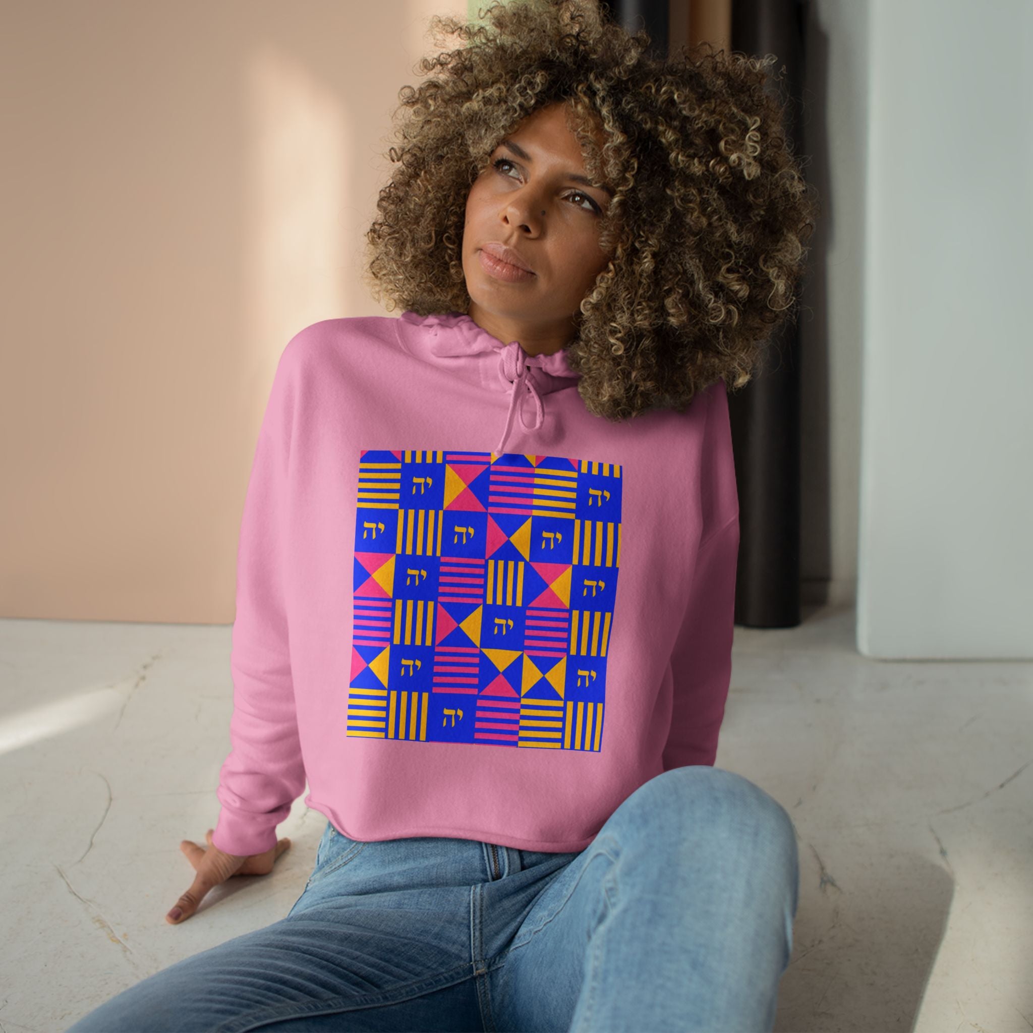 Abstract Geometric Crop Hoodie — Colorblock Square Pattern