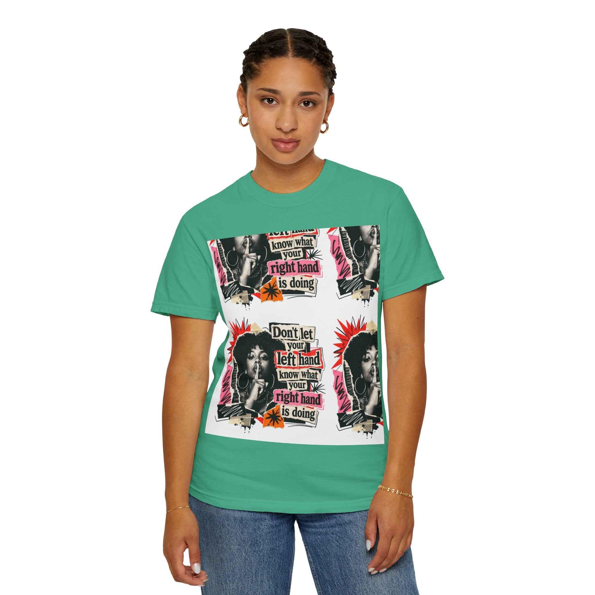 Graphic T-Shirt — Retro Pop Art “Don't Let Your Left Hand Know What Your Right Hand Is Doing”
