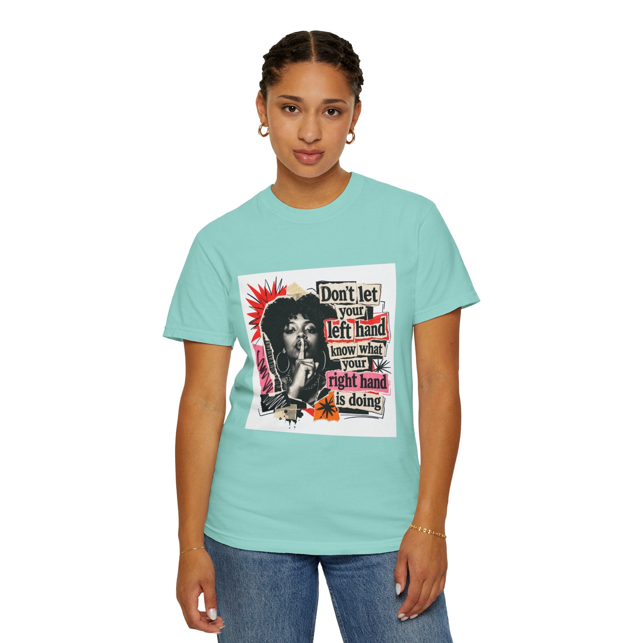 Graphic T-Shirt “Don’t Let Your Left Hand Know” Retro Collage Tee