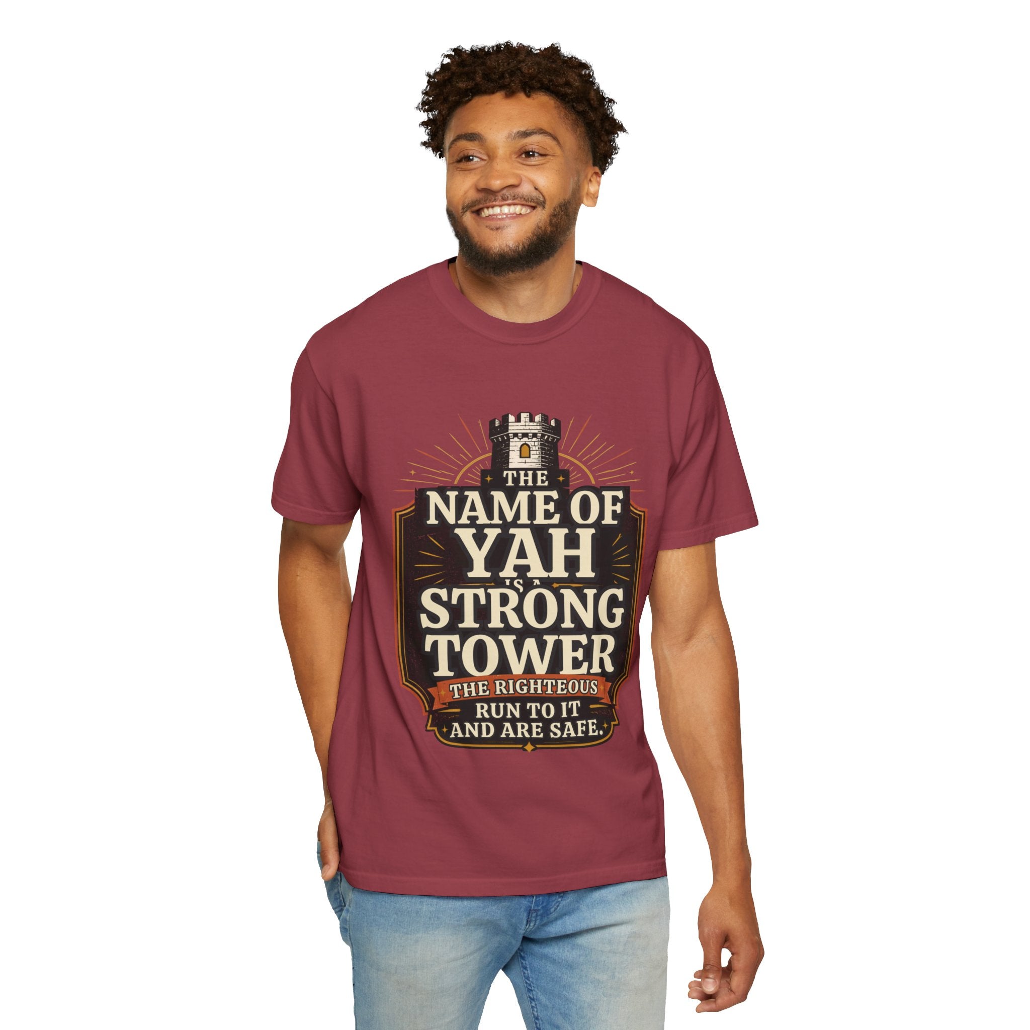 T-Shirt — “The Name of Yah Strong Tower” Vintage Religious Graphic Tee
