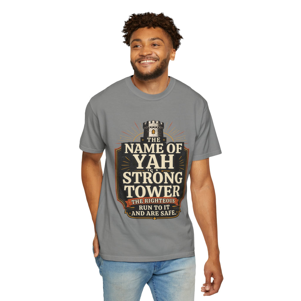 T-Shirt — “The Name of Yah Strong Tower” Vintage Religious Graphic Tee