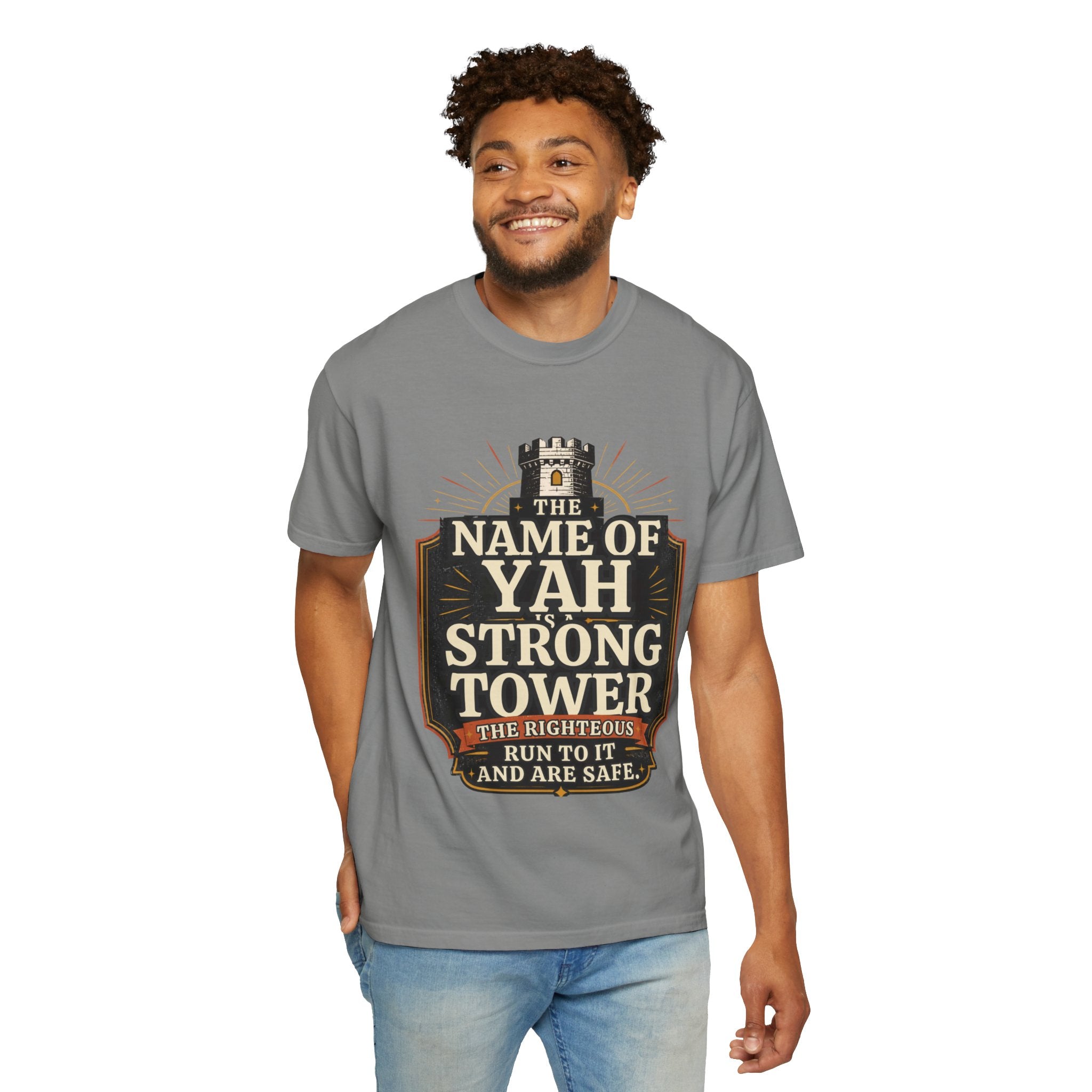T-Shirt — “The Name of Yah Strong Tower” Vintage Religious Graphic Tee
