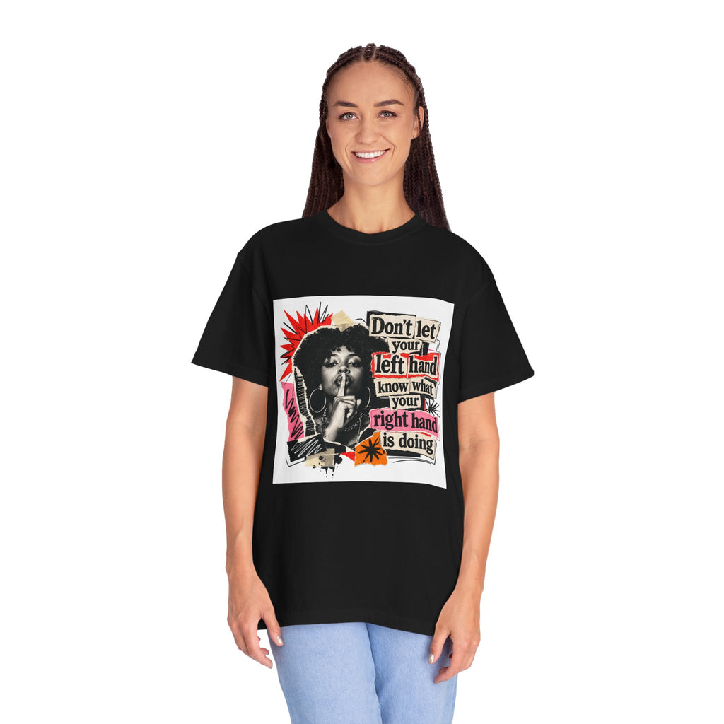 Graphic T-Shirt “Don’t Let Your Left Hand Know” Retro Collage Tee