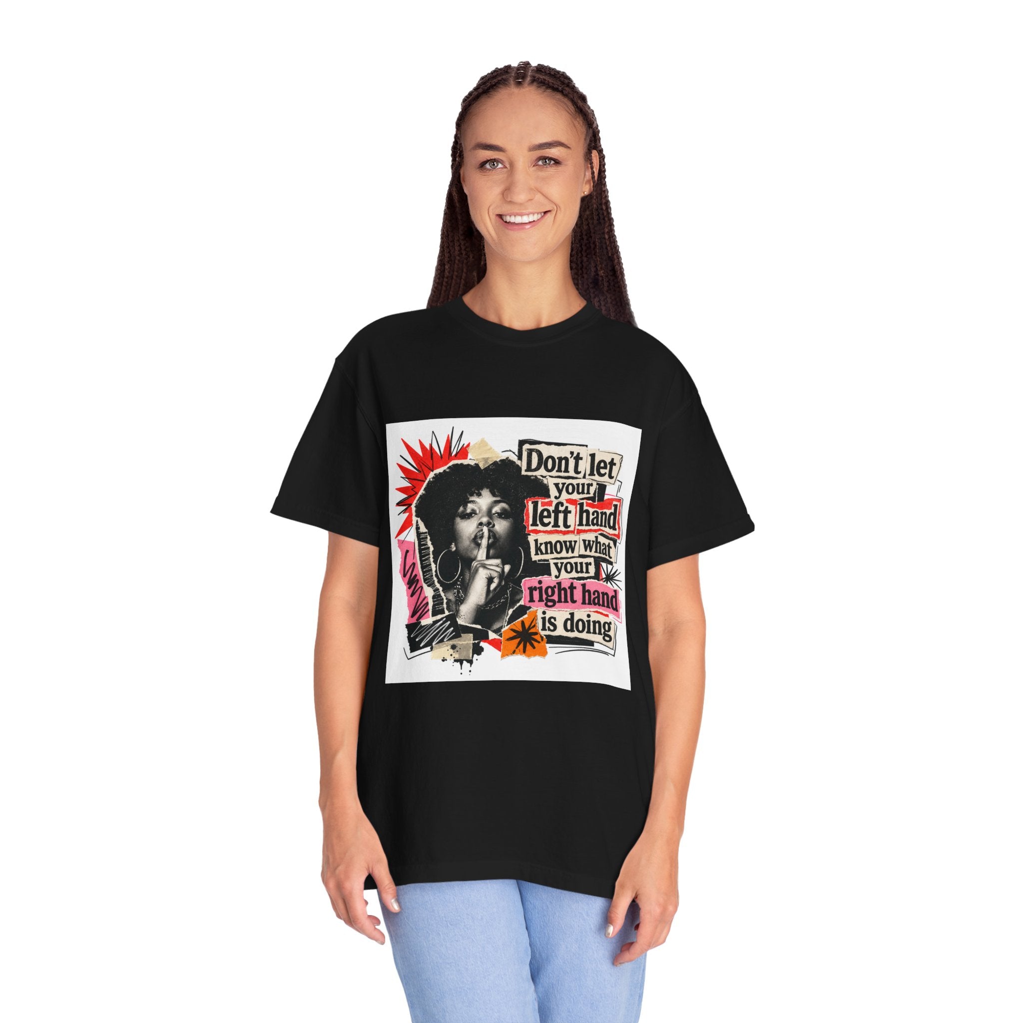 Graphic T-Shirt “Don’t Let Your Left Hand Know” Retro Collage Tee