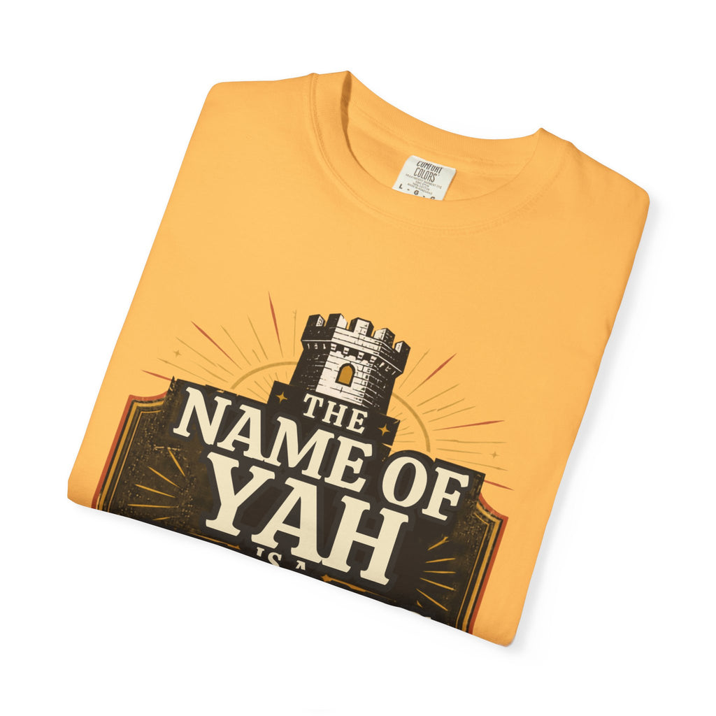 T-Shirt — “The Name of Yah Strong Tower” Vintage Religious Graphic Tee