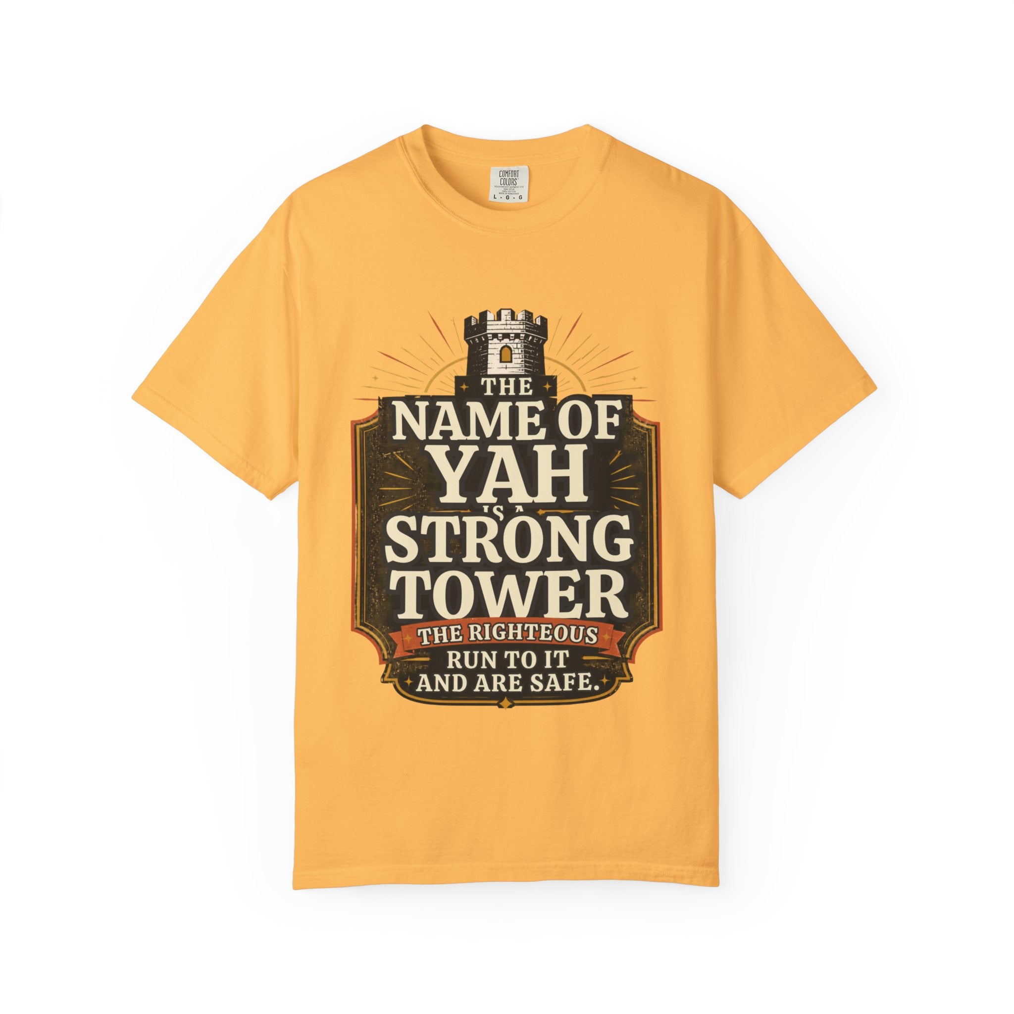 T-Shirt — “The Name of Yah Strong Tower” Vintage Religious Graphic Tee