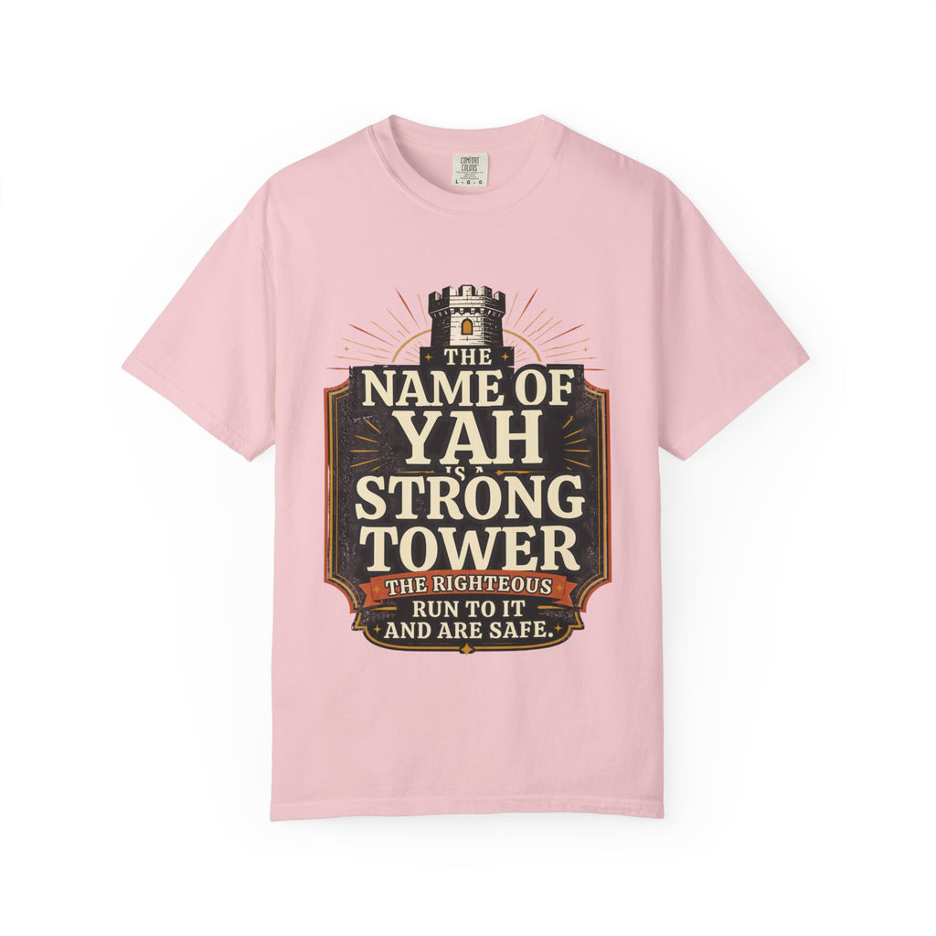 T-Shirt — “The Name of Yah Strong Tower” Vintage Religious Graphic Tee