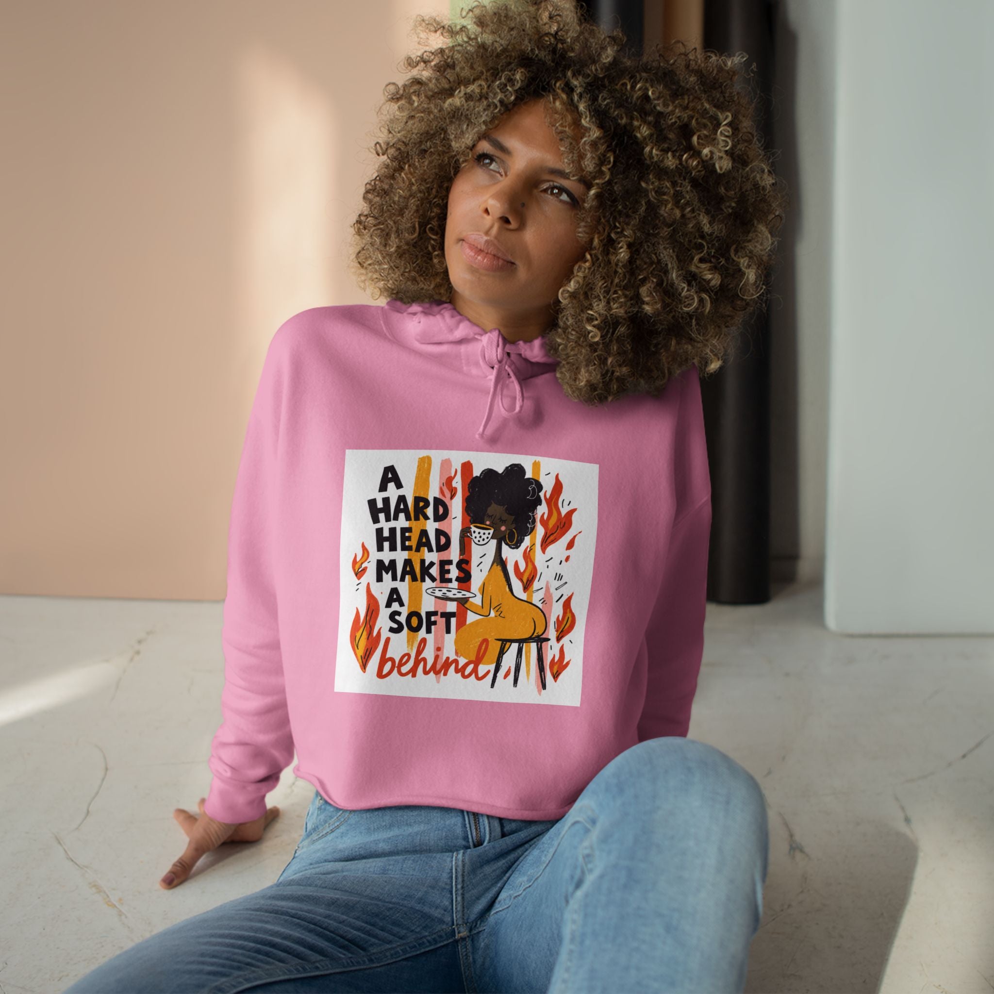 Cropped Hoodie — "A Hard Head Makes a Soft Behind" Graphic Crop Hoodie (Bold Retro Flame Design)