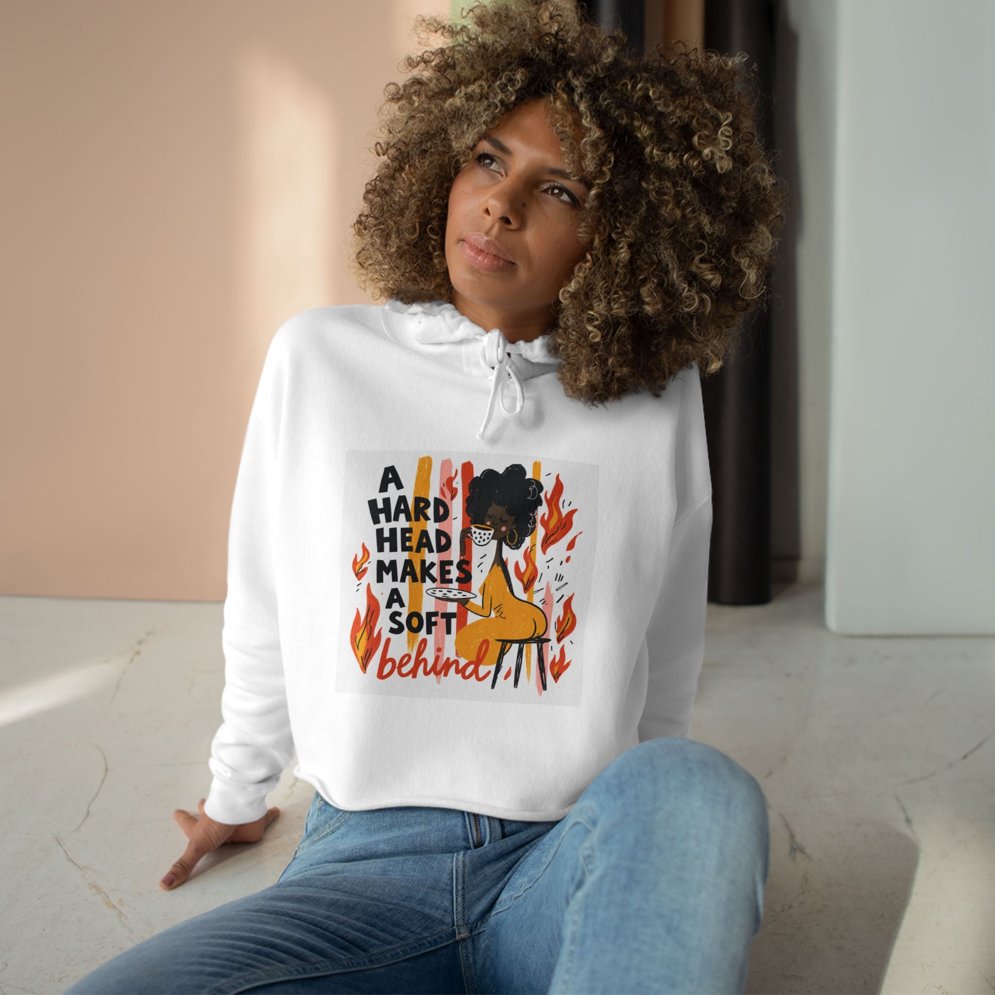 Cropped Hoodie — "A Hard Head Makes a Soft Behind" Graphic Crop Hoodie (Bold Retro Flame Design)