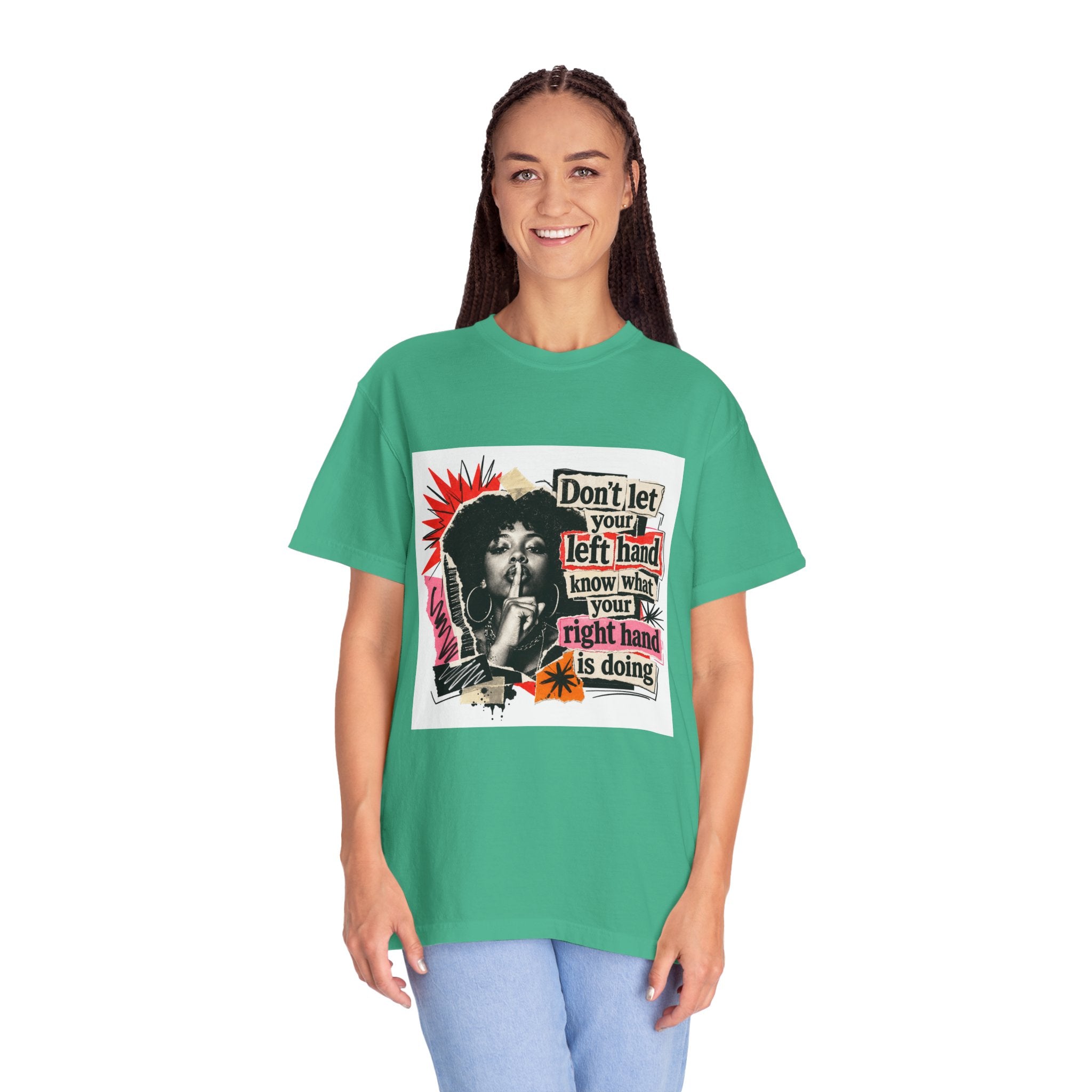 Graphic T-Shirt “Don’t Let Your Left Hand Know” Retro Collage Tee