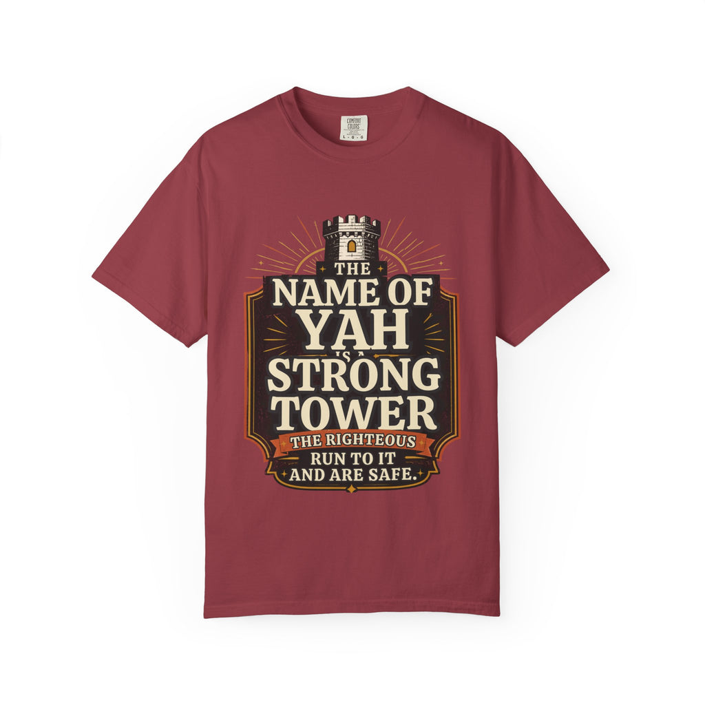 T-Shirt — “The Name of Yah Strong Tower” Vintage Religious Graphic Tee