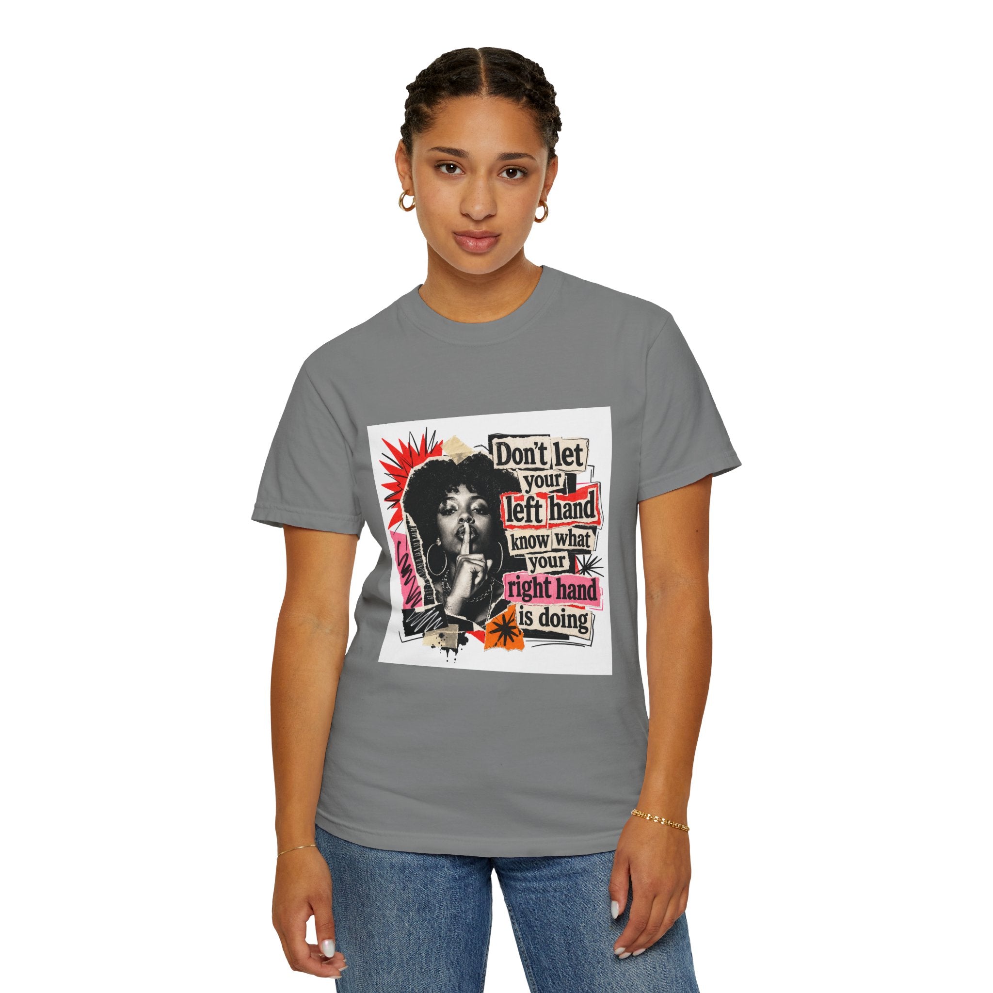 Graphic T-Shirt “Don’t Let Your Left Hand Know” Retro Collage Tee