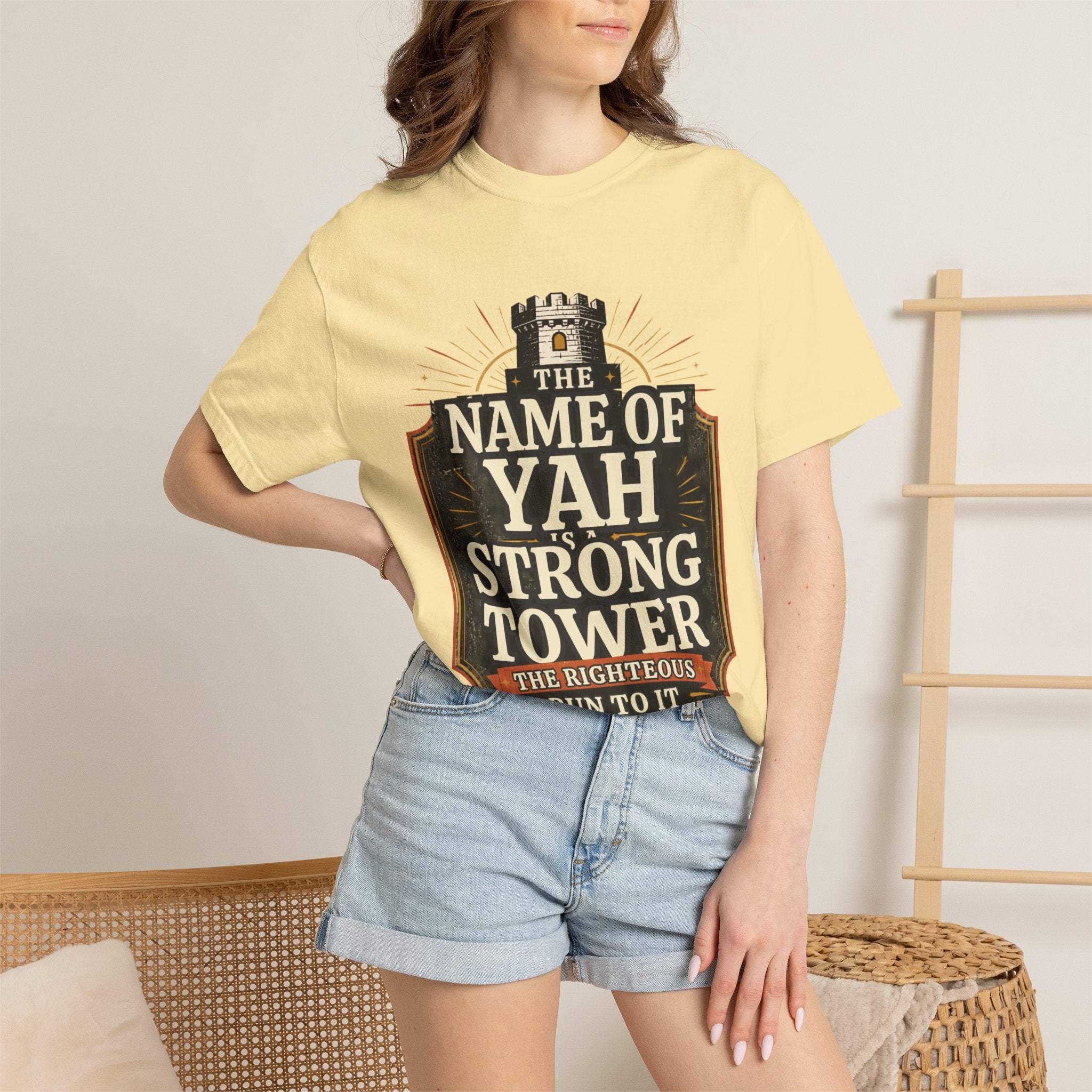 T-Shirt — “The Name of Yah Strong Tower” Vintage Religious Graphic Tee
