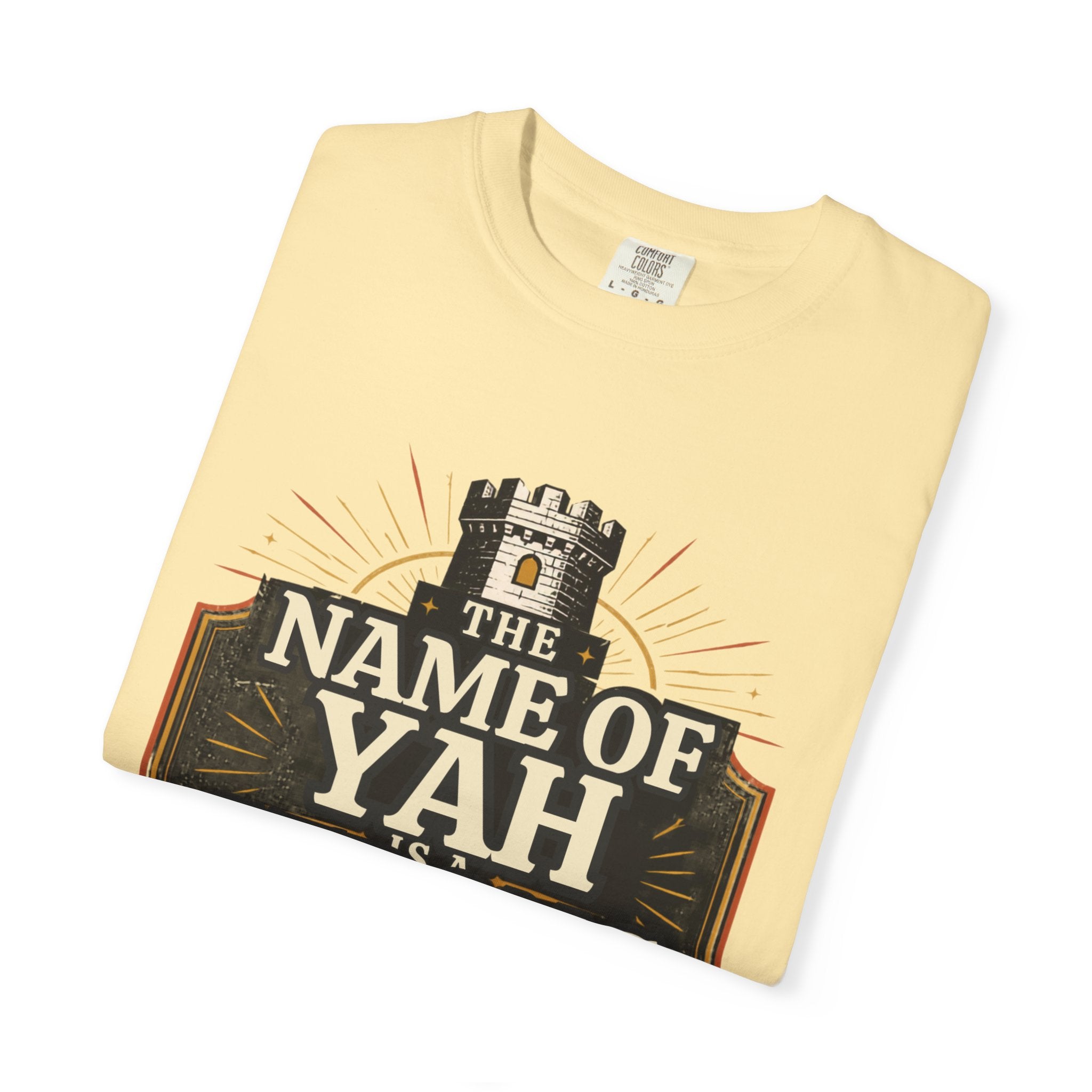 T-Shirt — “The Name of Yah Strong Tower” Vintage Religious Graphic Tee
