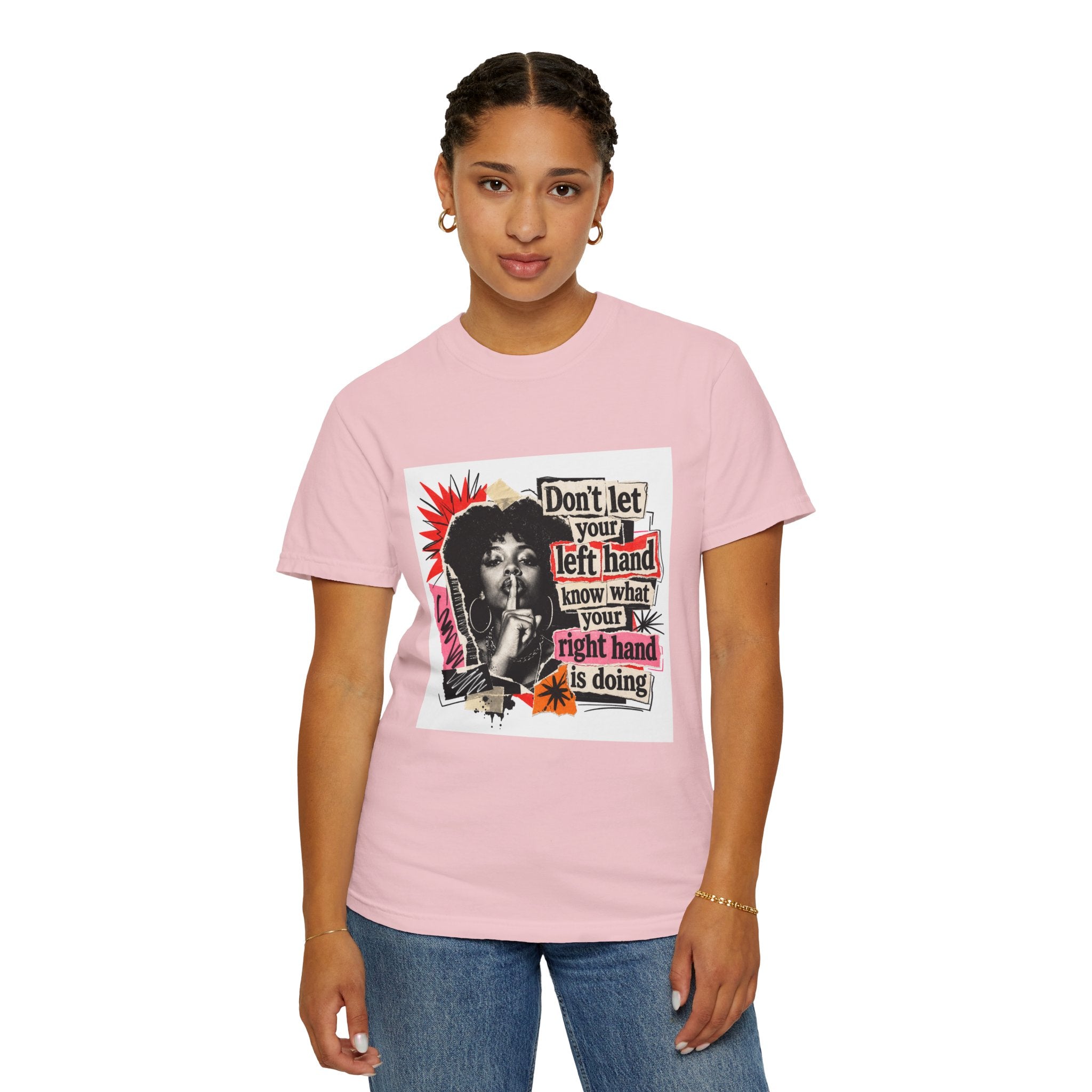 Graphic T-Shirt “Don’t Let Your Left Hand Know” Retro Collage Tee