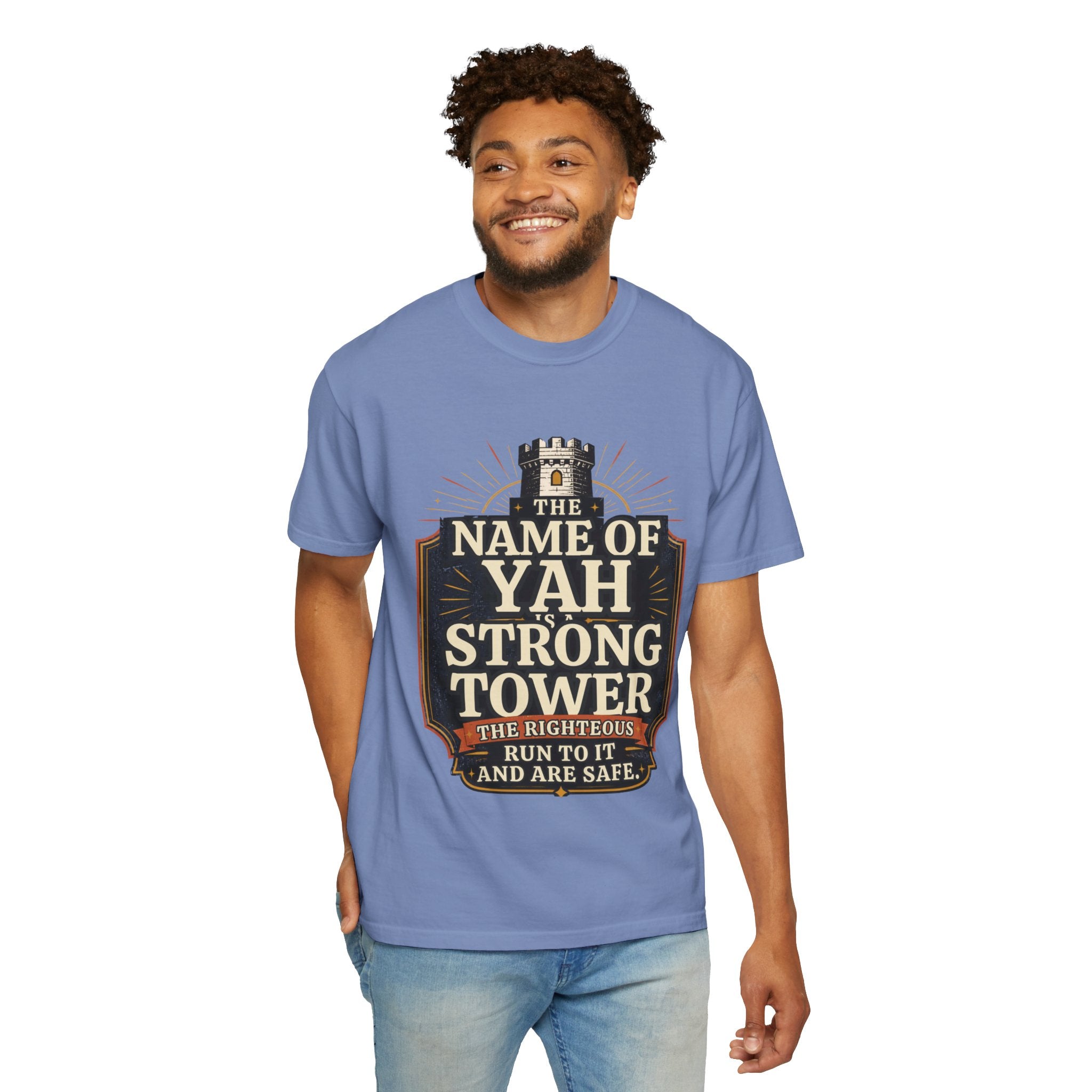 T-Shirt — “The Name of Yah Strong Tower” Vintage Religious Graphic Tee