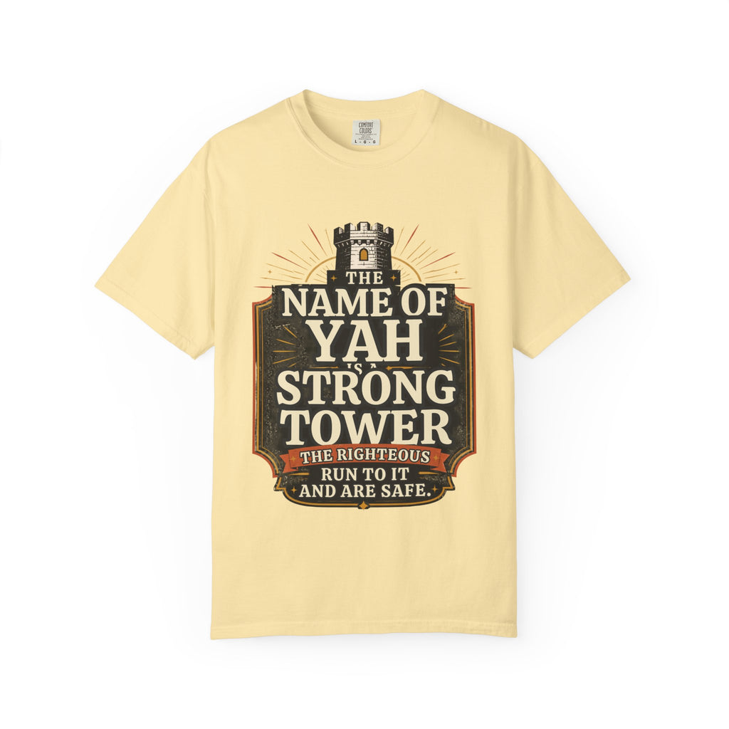 T-Shirt — “The Name of Yah Strong Tower” Vintage Religious Graphic Tee