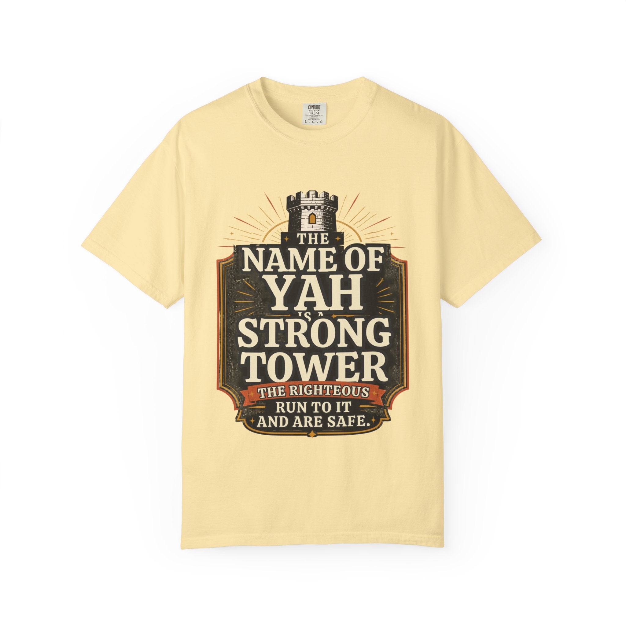 T-Shirt — “The Name of Yah Strong Tower” Vintage Religious Graphic Tee