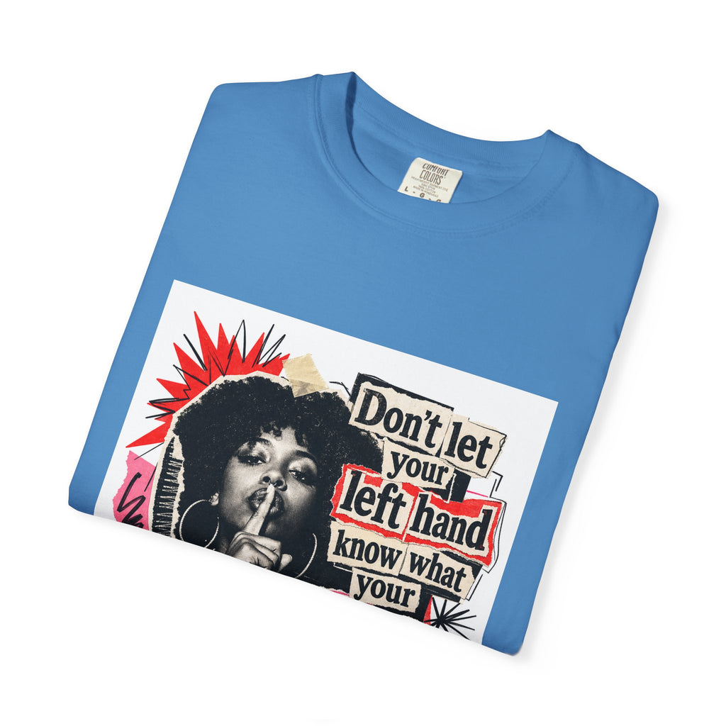 Graphic T-Shirt “Don’t Let Your Left Hand Know” Retro Collage Tee
