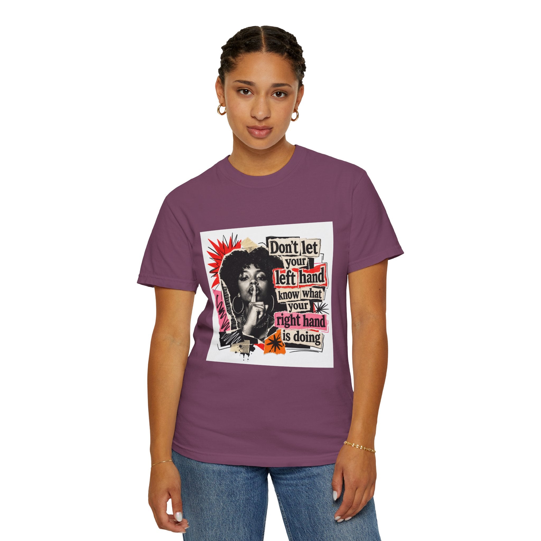 Graphic T-Shirt “Don’t Let Your Left Hand Know” Retro Collage Tee