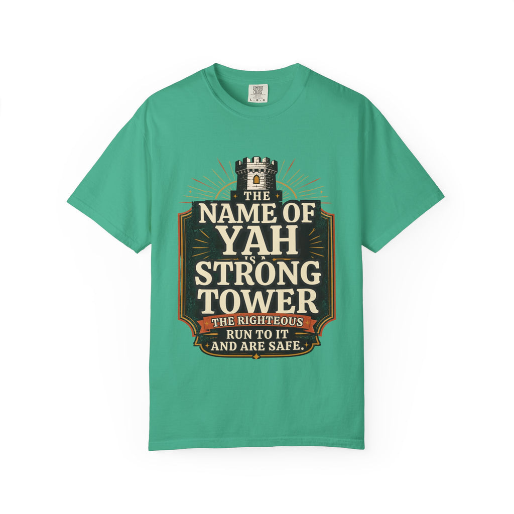 T-Shirt — “The Name of Yah Strong Tower” Vintage Religious Graphic Tee