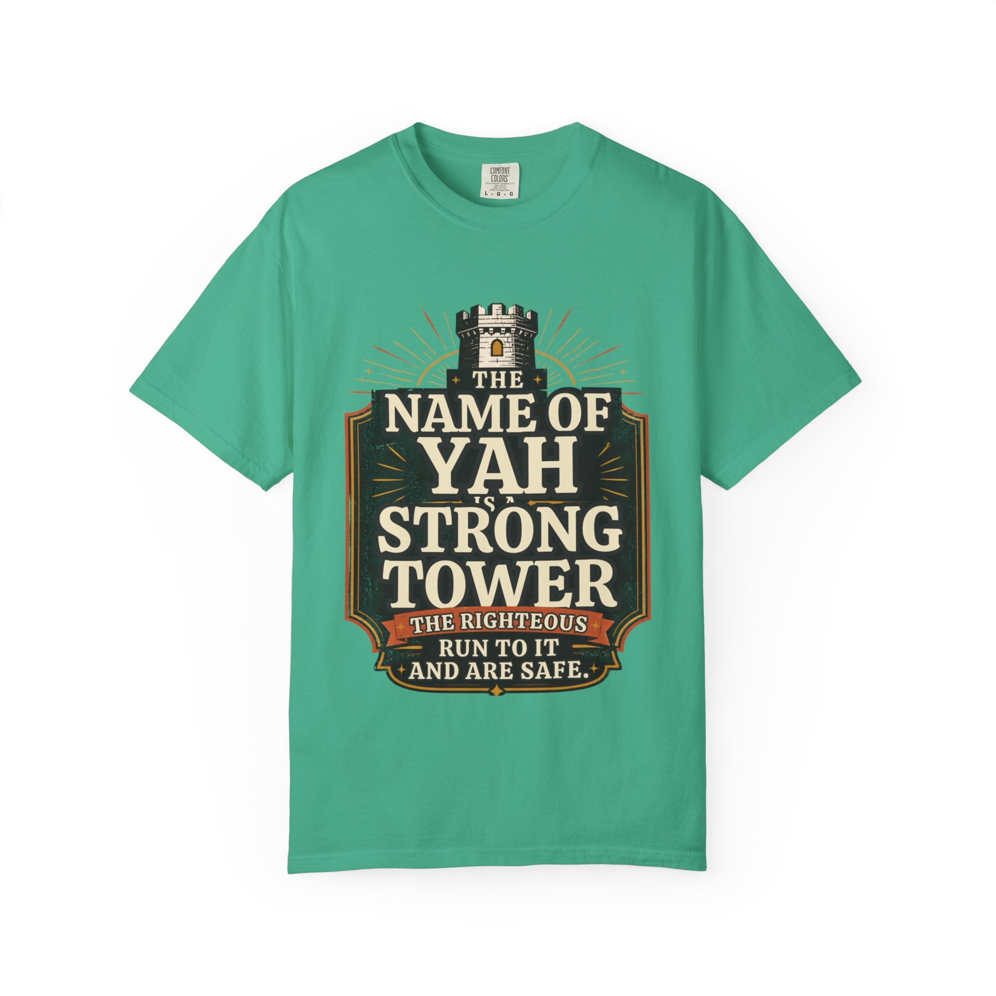 T-Shirt — “The Name of Yah Strong Tower” Vintage Religious Graphic Tee
