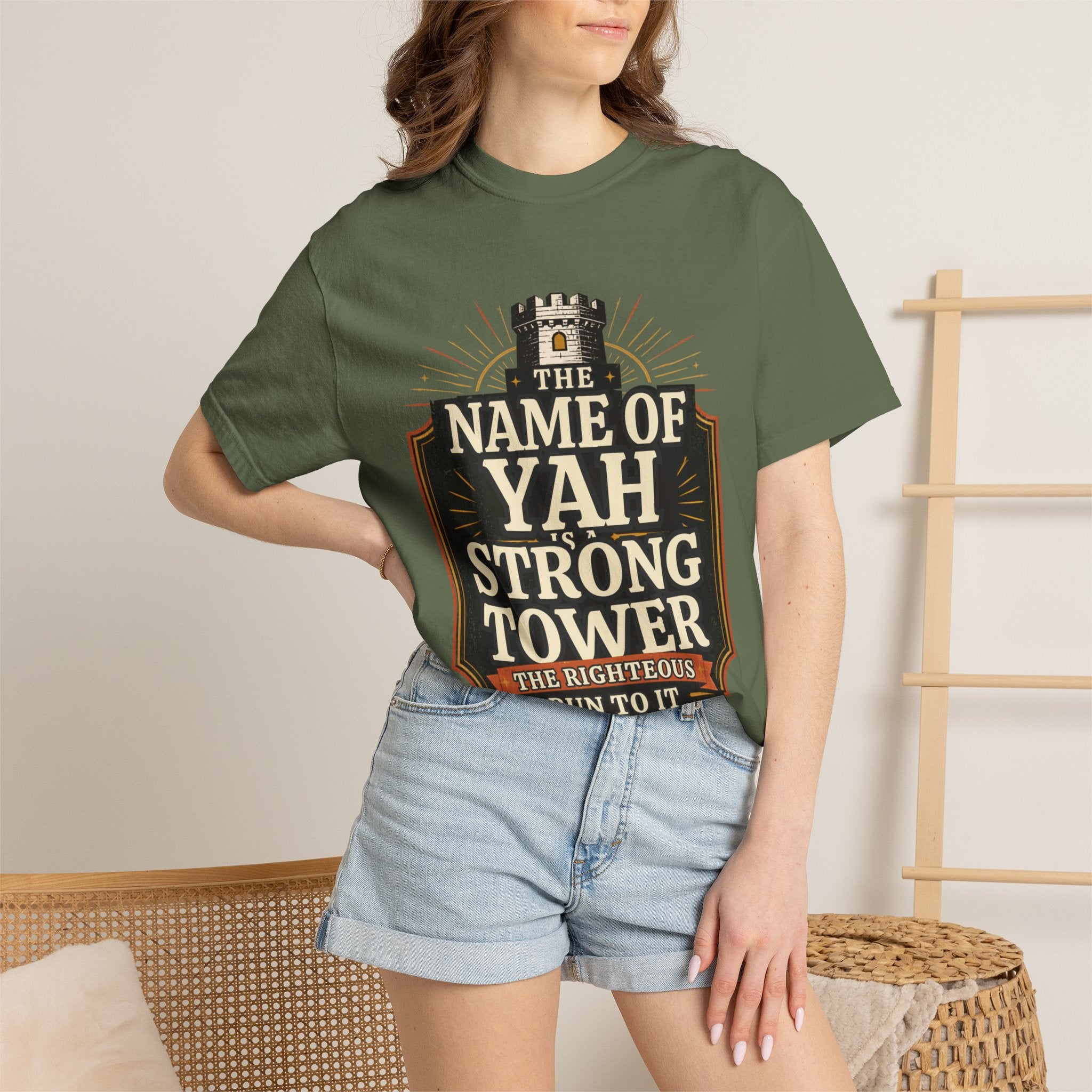 T-Shirt — “The Name of Yah Strong Tower” Vintage Religious Graphic Tee