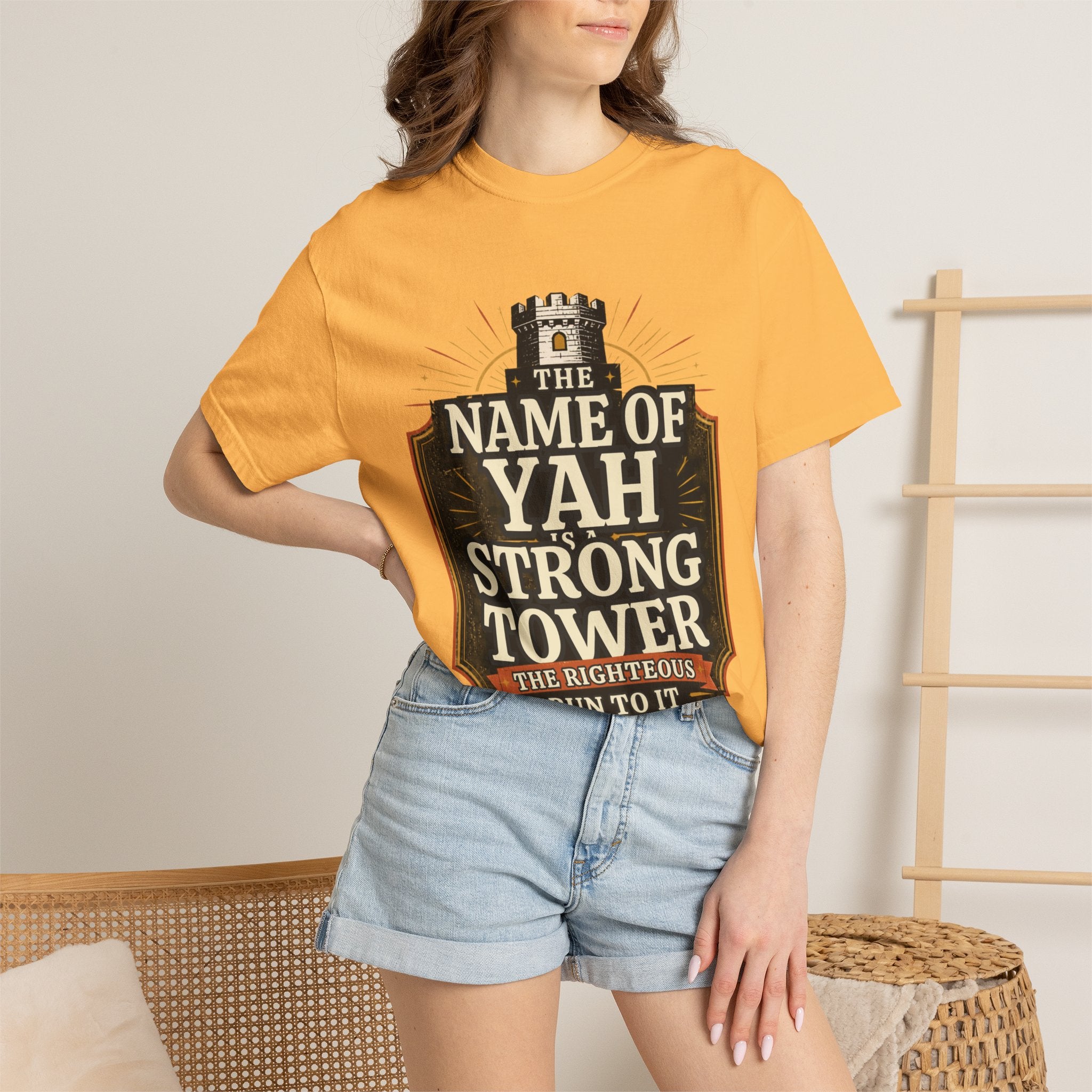 T-Shirt — “The Name of Yah Strong Tower” Vintage Religious Graphic Tee