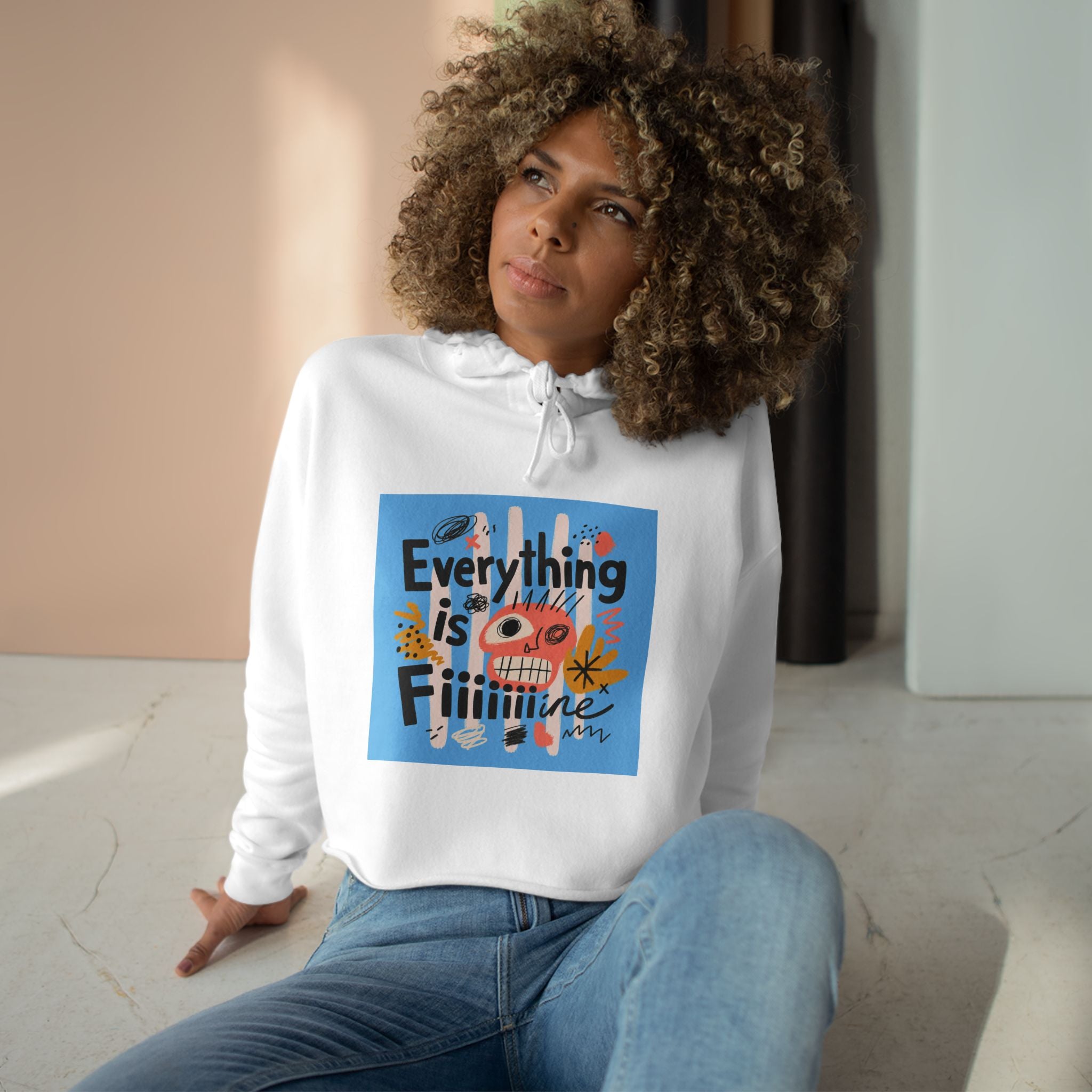 Everything Is Fine Crop Hoodie — Playful Retro Graphic Cropped Hoodie