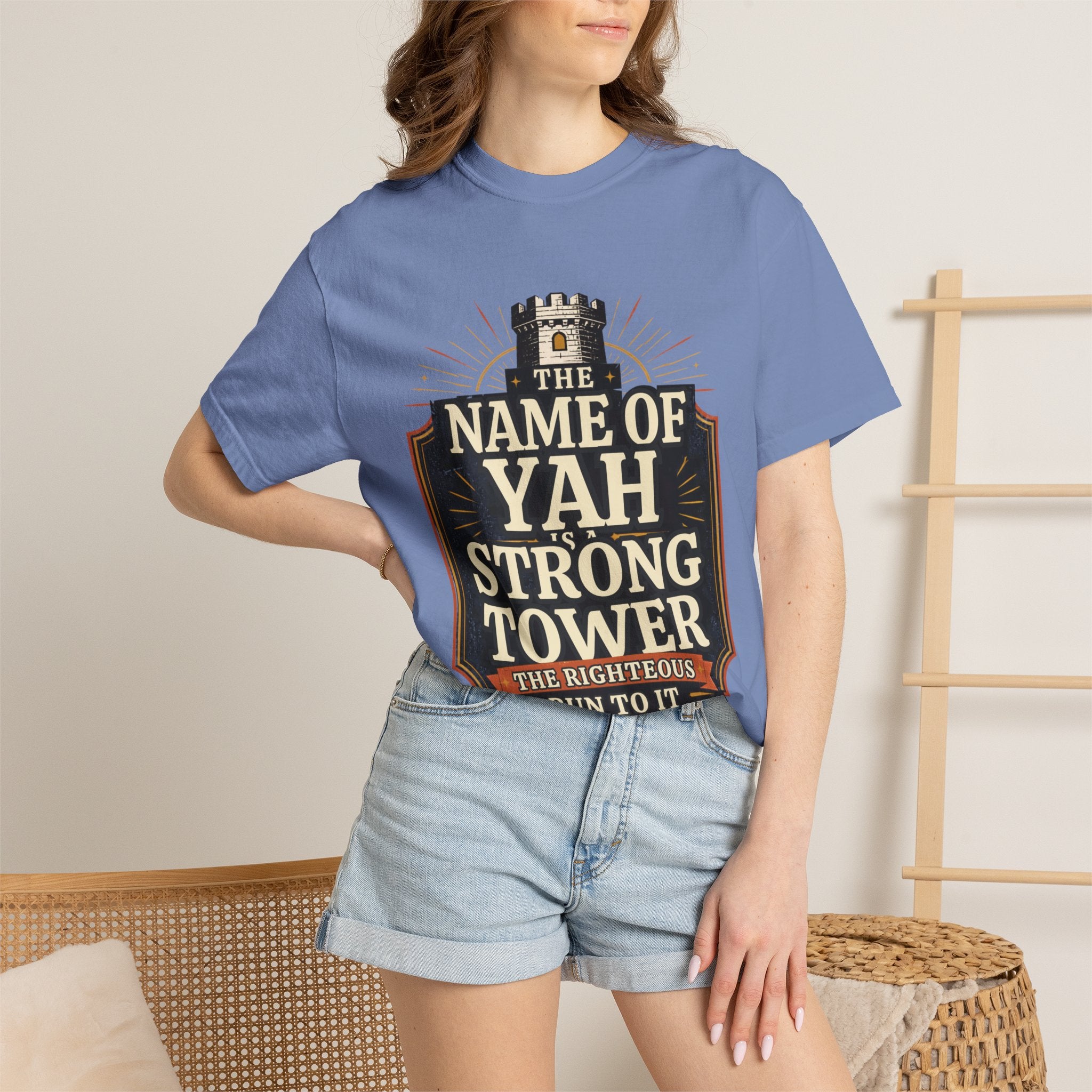 T-Shirt — “The Name of Yah Strong Tower” Vintage Religious Graphic Tee