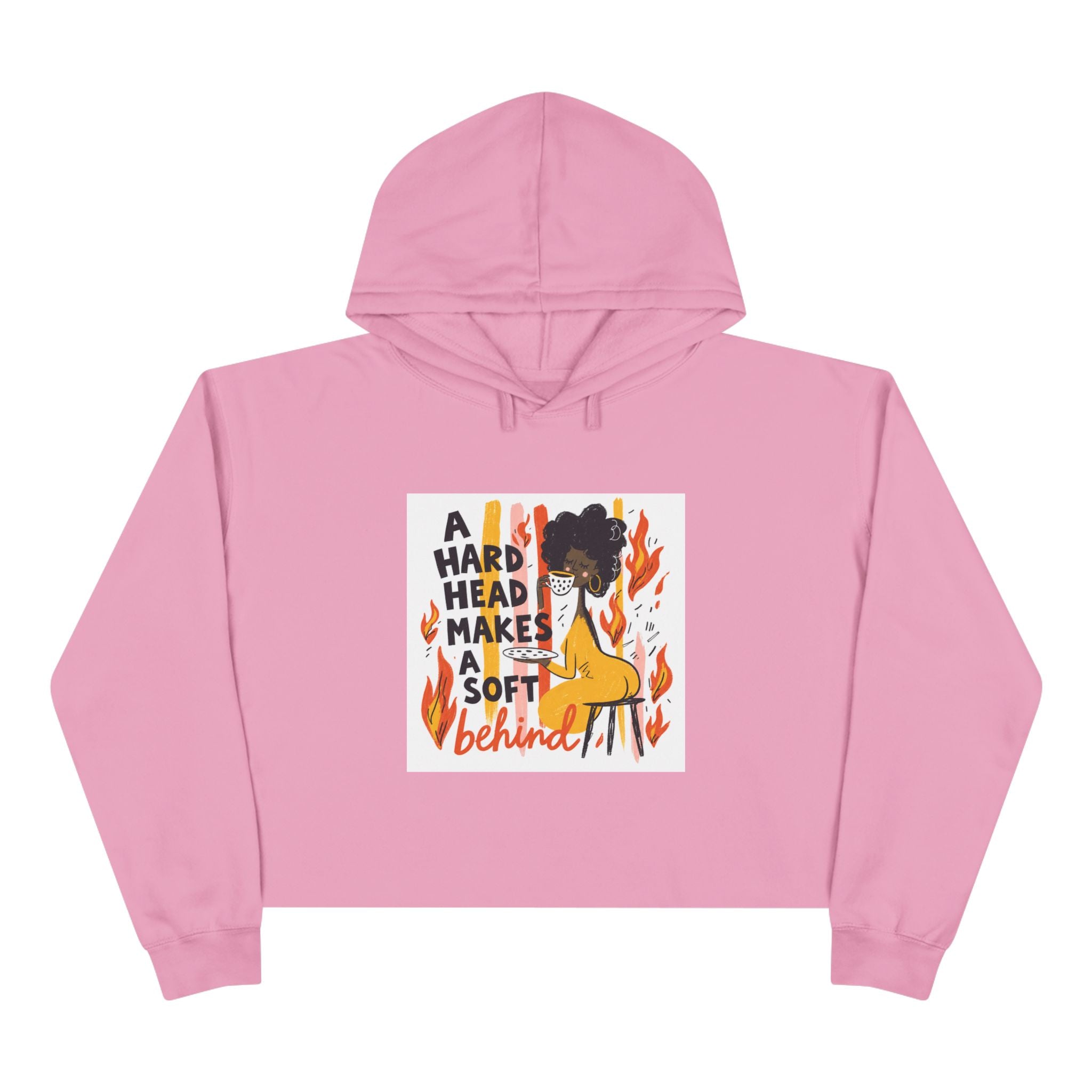 Cropped Hoodie — "A Hard Head Makes a Soft Behind" Graphic Crop Hoodie (Bold Retro Flame Design)