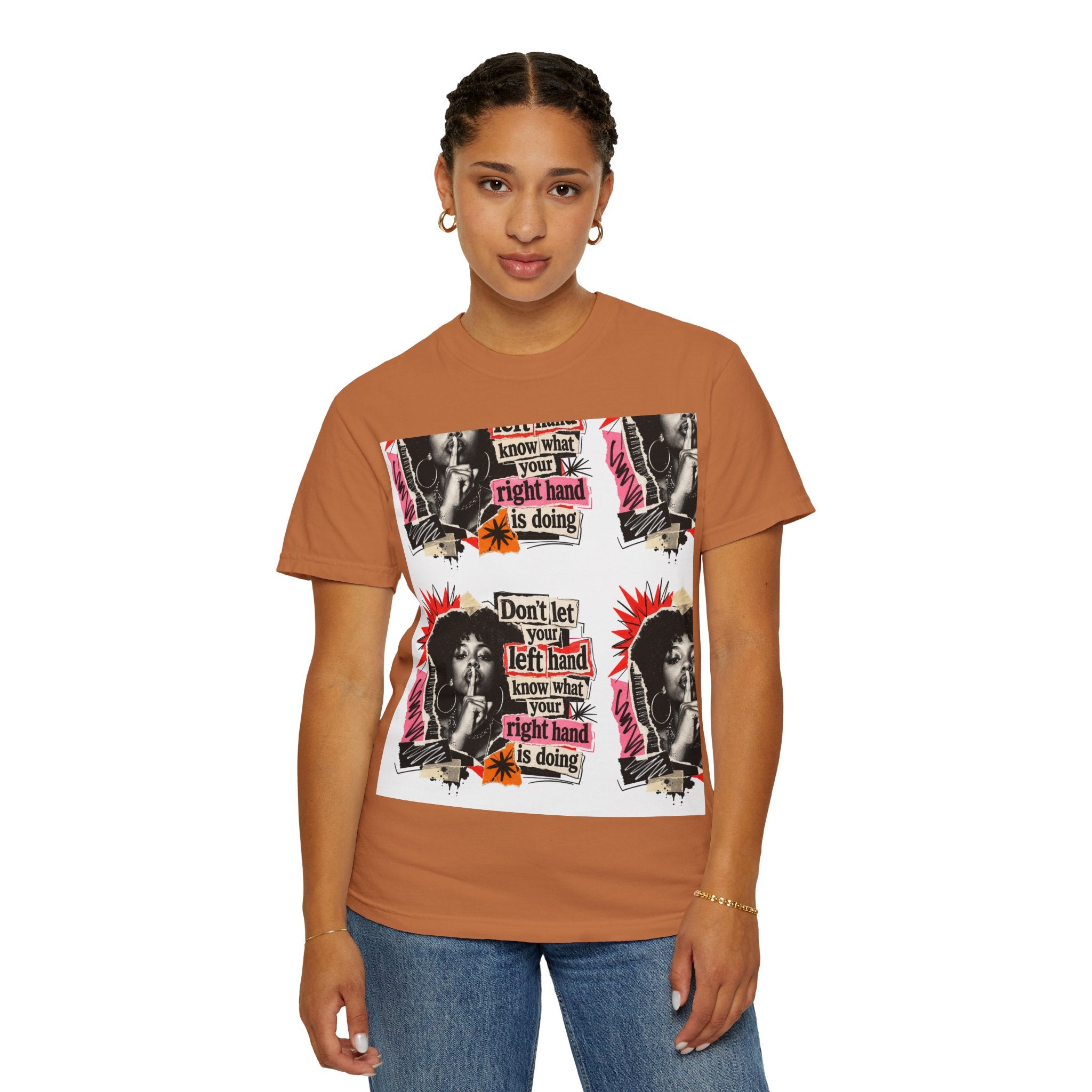 Graphic T-Shirt — Retro Pop Art “Don't Let Your Left Hand Know What Your Right Hand Is Doing”
