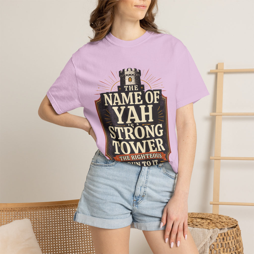 T-Shirt — “The Name of Yah Strong Tower” Vintage Religious Graphic Tee
