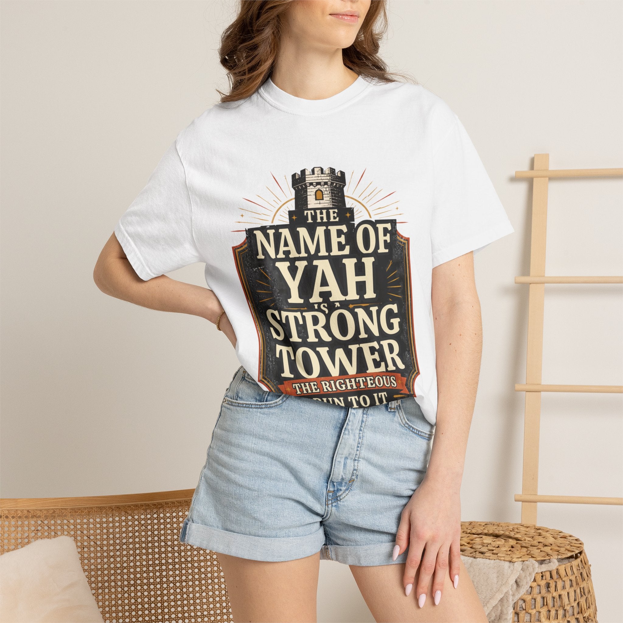 T-Shirt — “The Name of Yah Strong Tower” Vintage Religious Graphic Tee