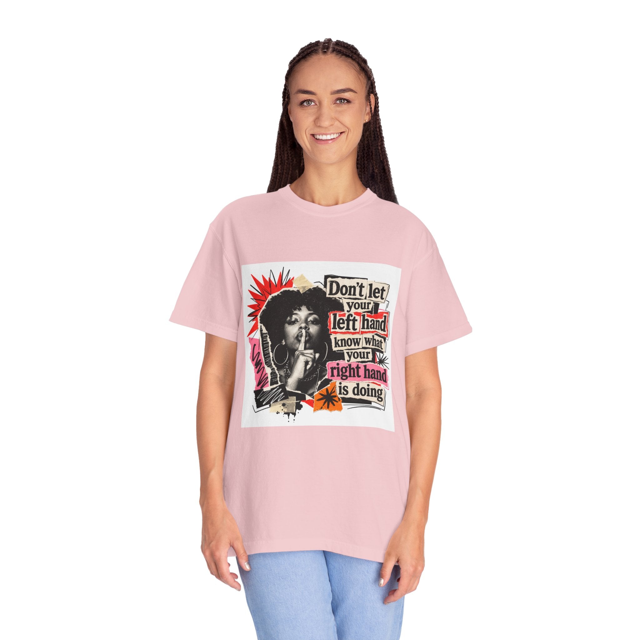 Graphic T-Shirt “Don’t Let Your Left Hand Know” Retro Collage Tee