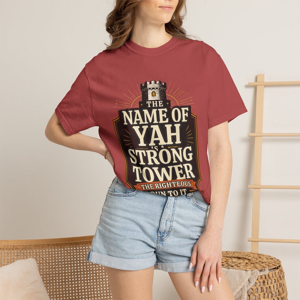 T-Shirt — “The Name of Yah Strong Tower” Vintage Religious Graphic Tee
