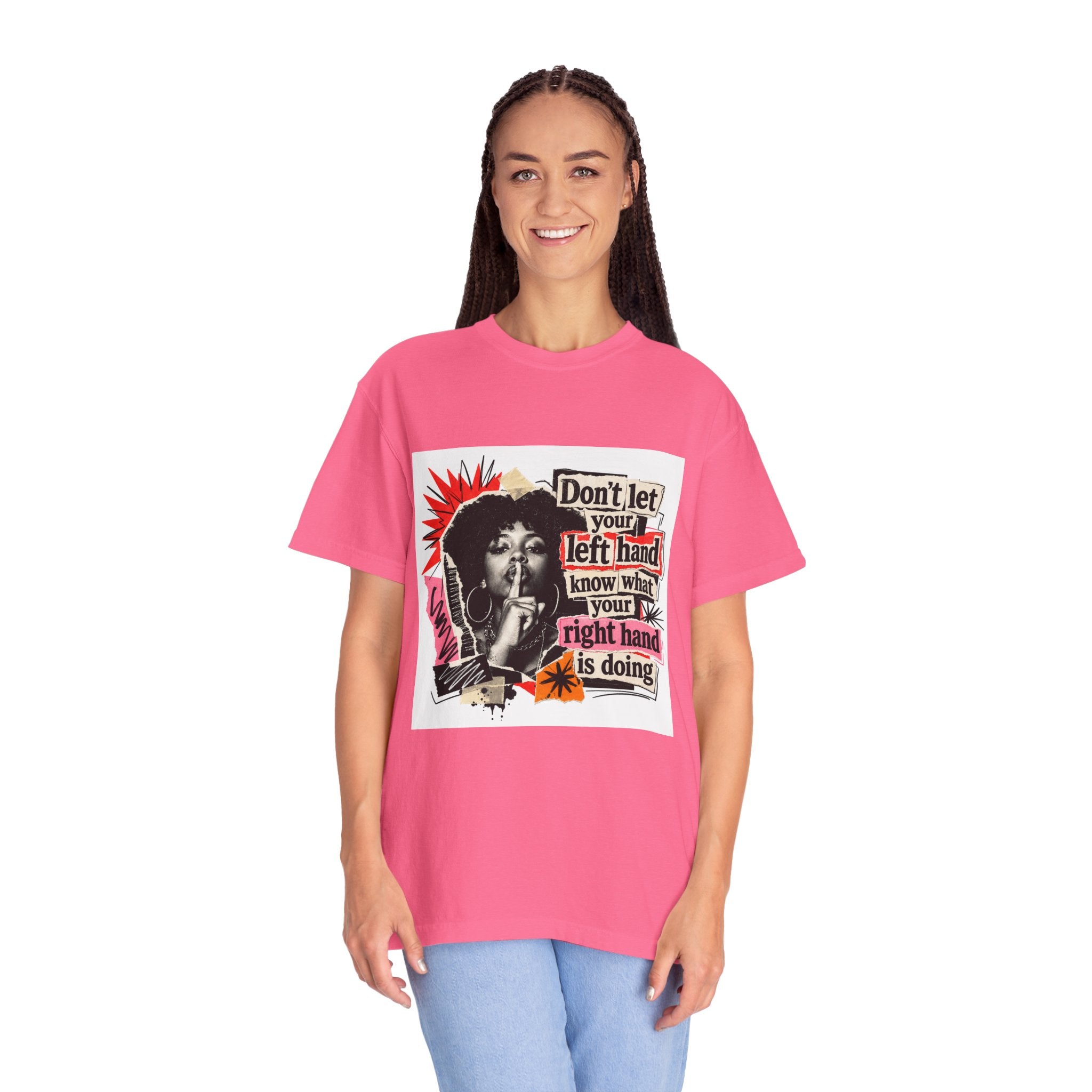 Graphic T-Shirt “Don’t Let Your Left Hand Know” Retro Collage Tee