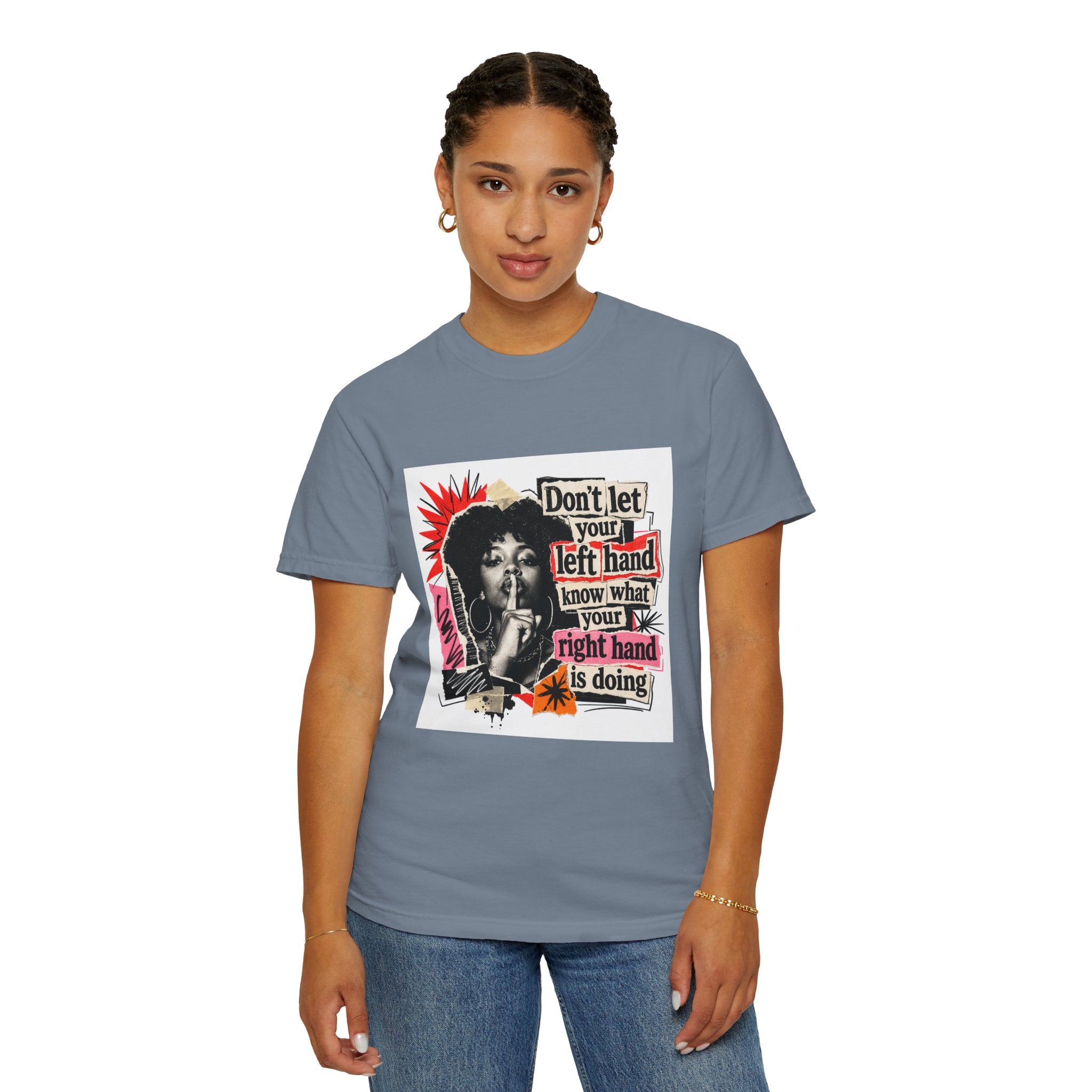 Graphic T-Shirt “Don’t Let Your Left Hand Know” Retro Collage Tee