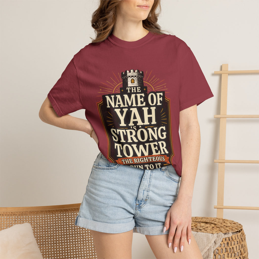 T-Shirt — “The Name of Yah Strong Tower” Vintage Religious Graphic Tee