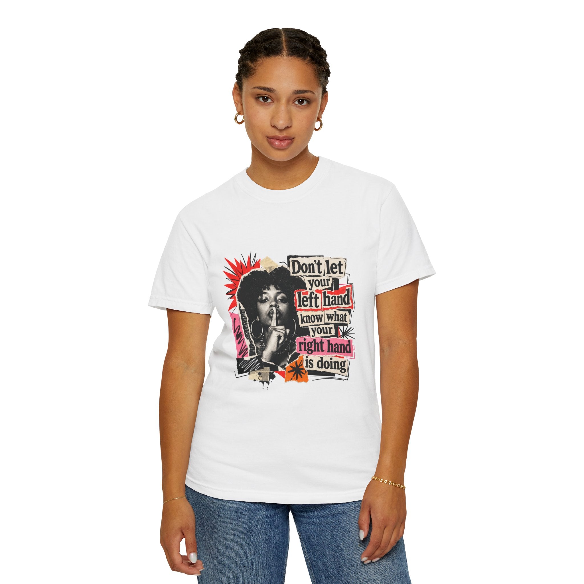 Graphic T-Shirt “Don’t Let Your Left Hand Know” Retro Collage Tee
