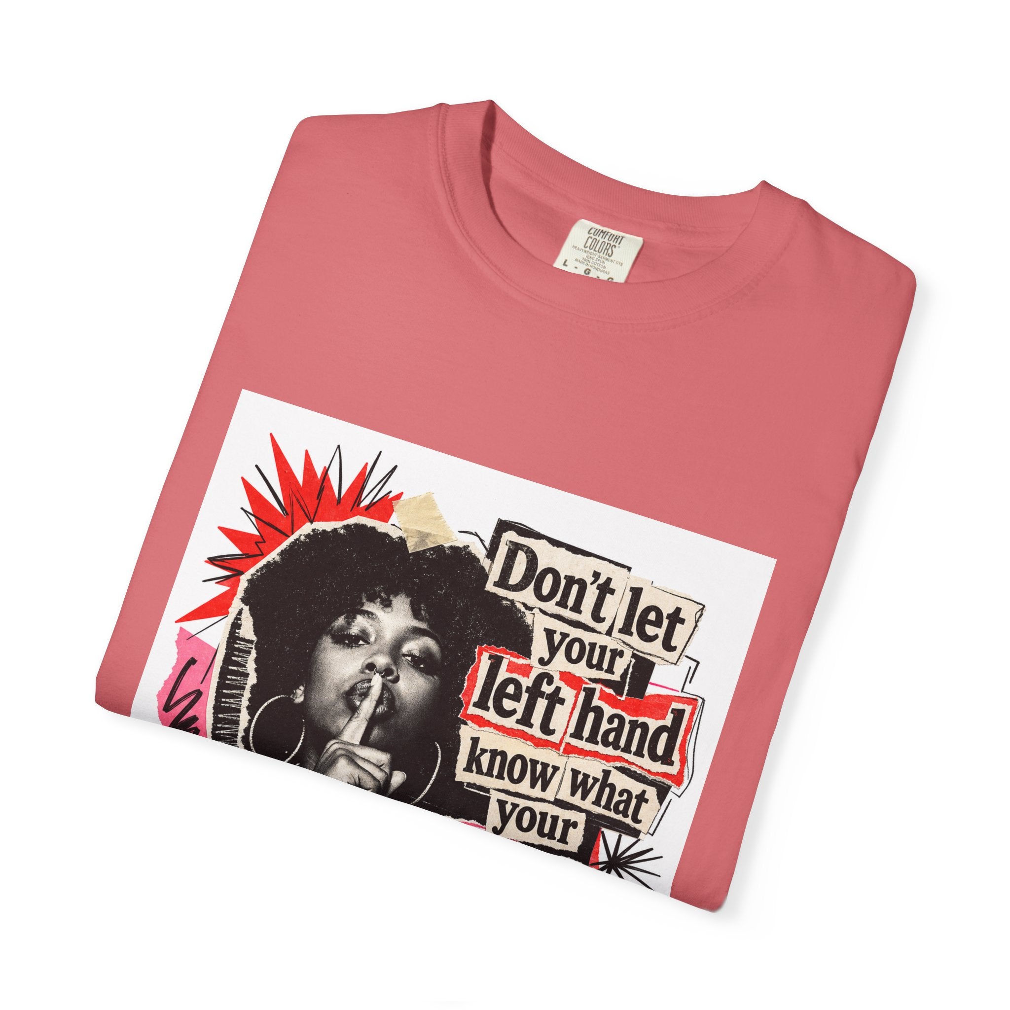 Graphic T-Shirt “Don’t Let Your Left Hand Know” Retro Collage Tee