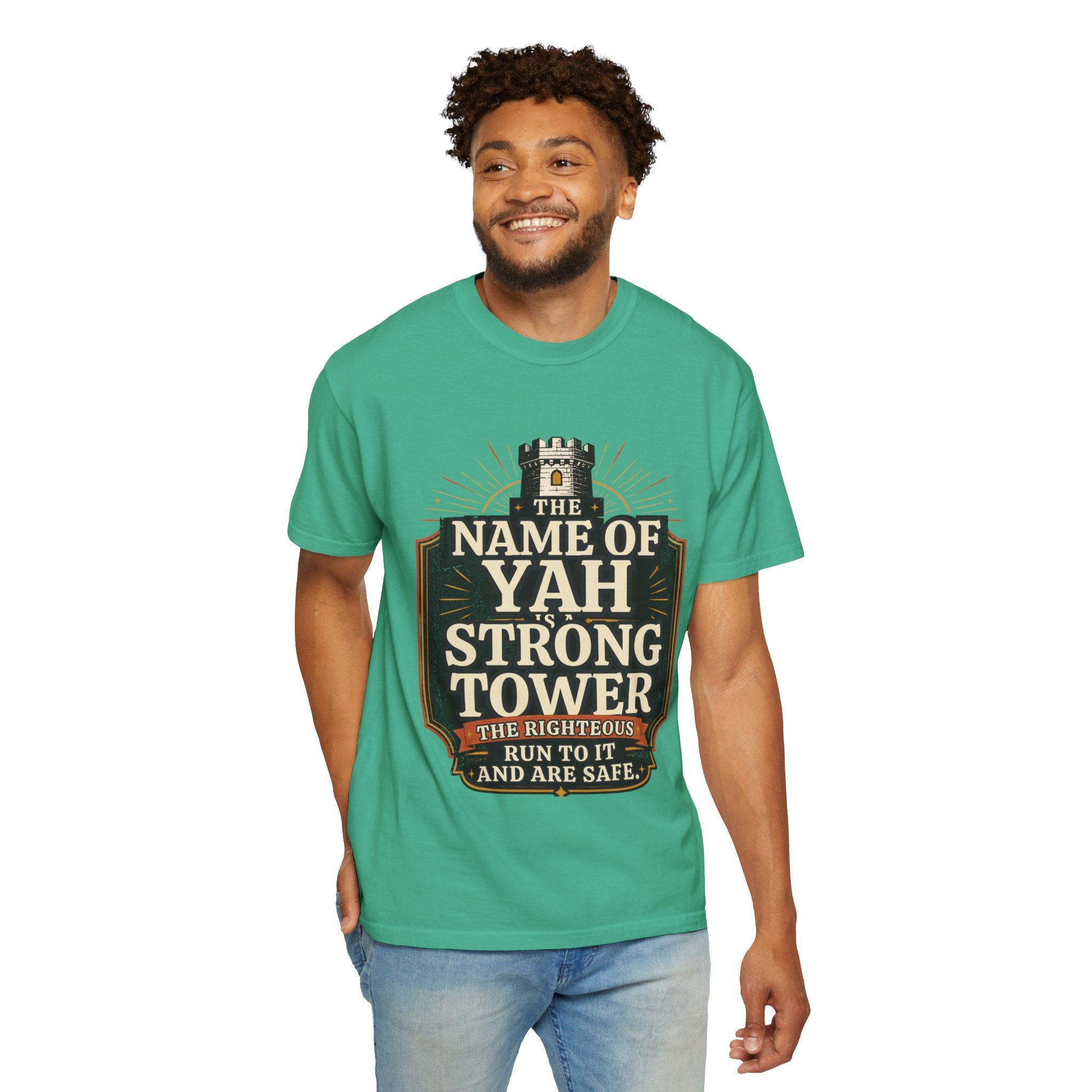 T-Shirt — “The Name of Yah Strong Tower” Vintage Religious Graphic Tee
