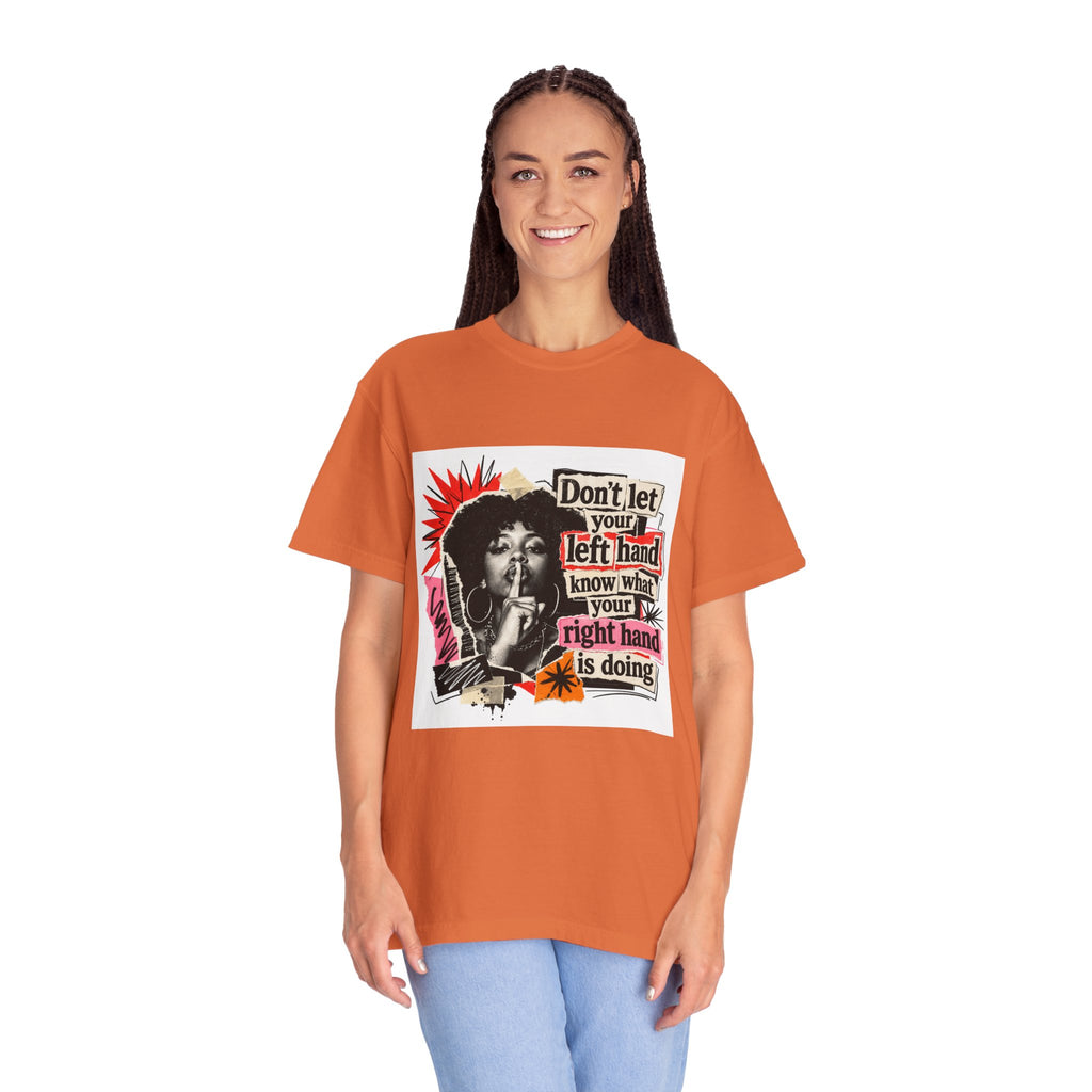 Graphic T-Shirt “Don’t Let Your Left Hand Know” Retro Collage Tee