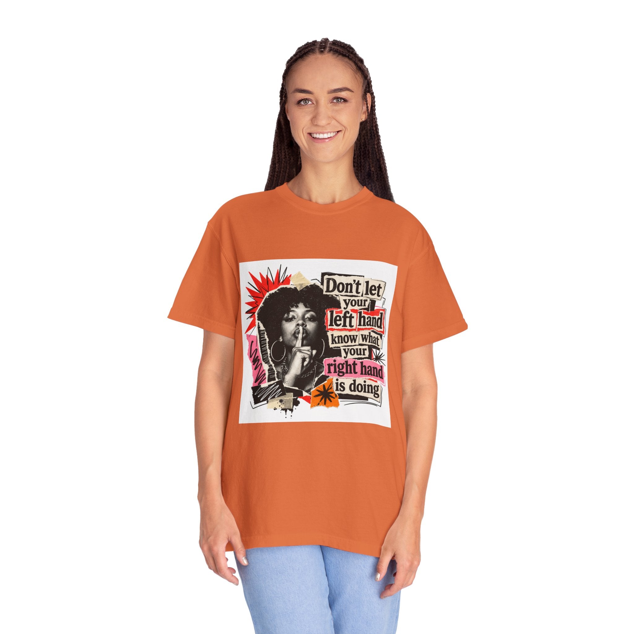 Graphic T-Shirt “Don’t Let Your Left Hand Know” Retro Collage Tee