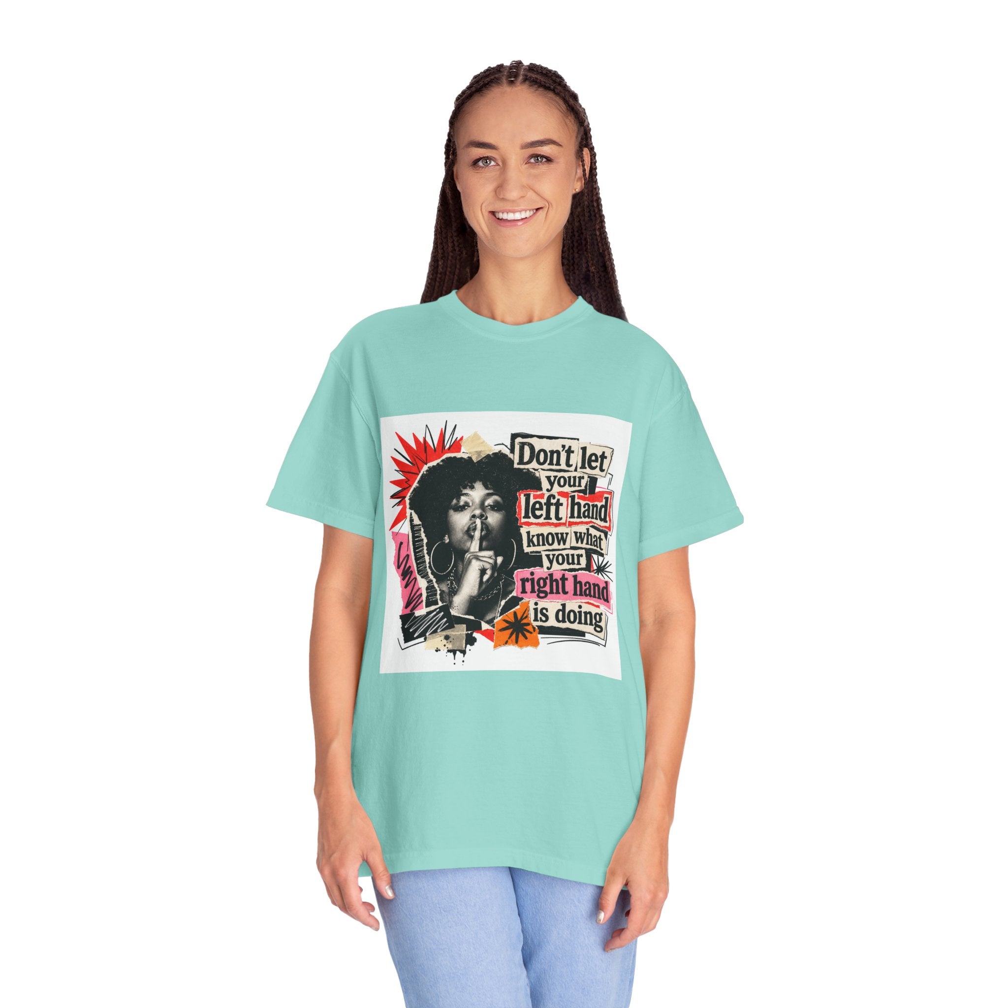 Graphic T-Shirt “Don’t Let Your Left Hand Know” Retro Collage Tee