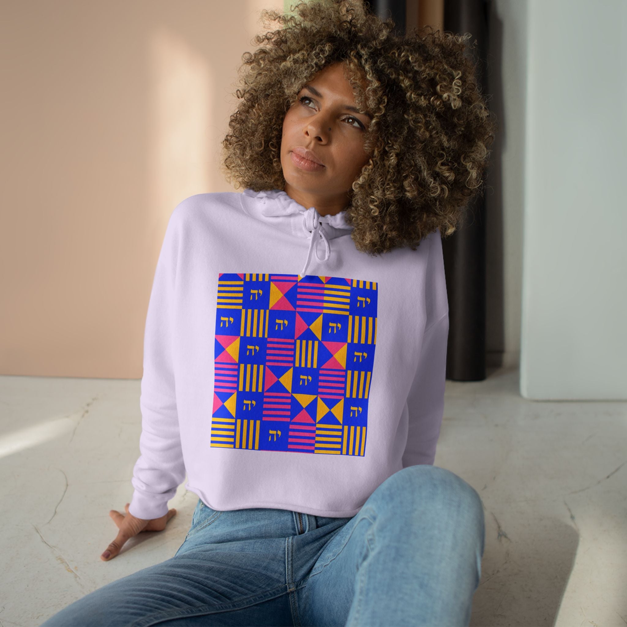 Abstract Geometric Crop Hoodie — Colorblock Square Pattern
