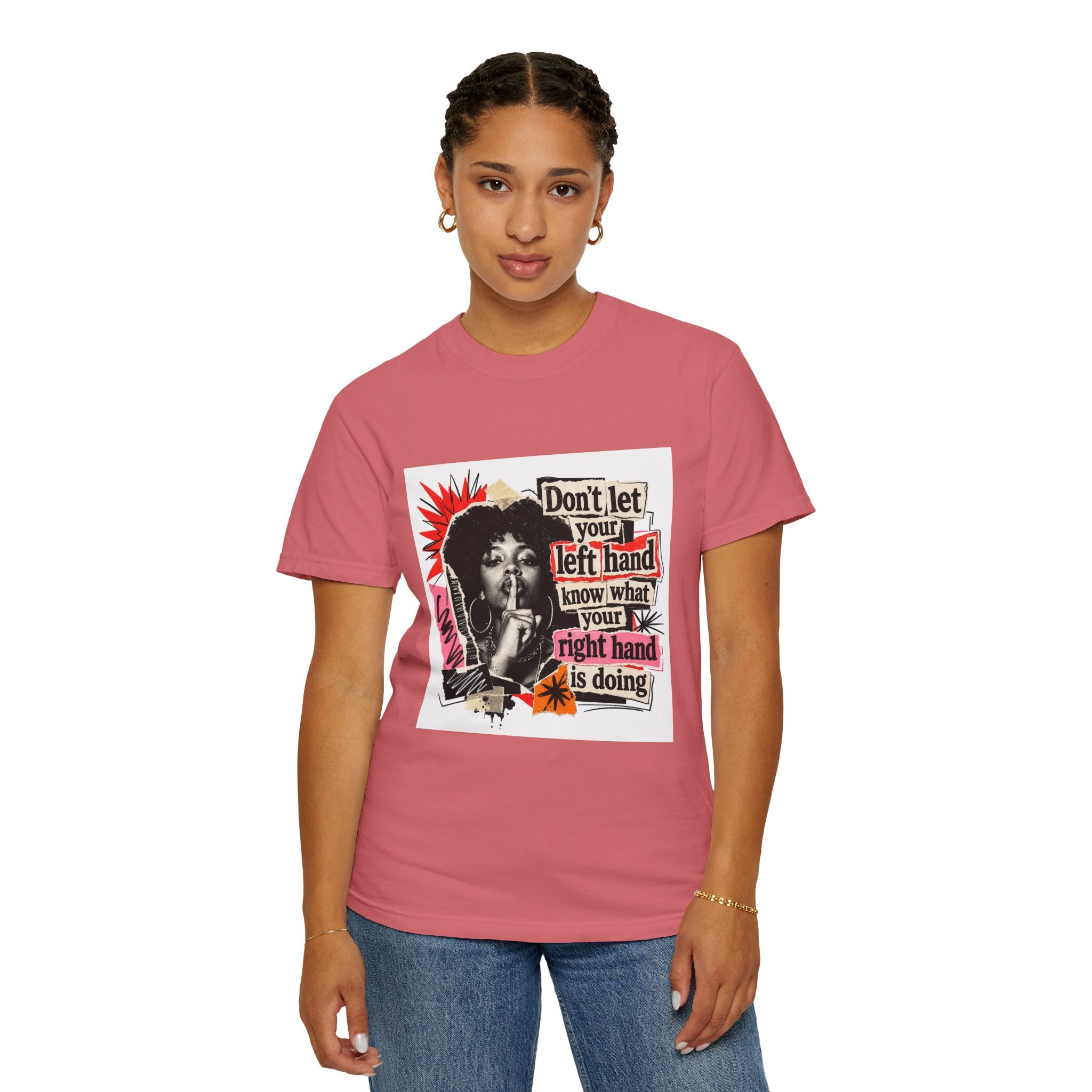 Graphic T-Shirt “Don’t Let Your Left Hand Know” Retro Collage Tee